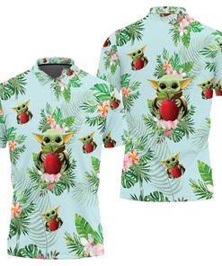 Baby Yoda Hugging Apples Seamless Tropical Green Leaves on Green Polo Shirt with Athleisure and Personalization