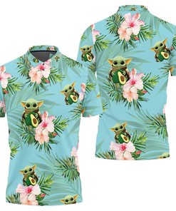 Baby Yoda Hugging Avocadoes Seamless Tropical Colorful Flowers on Teal Polo Shirt
