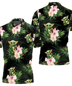 Baby Yoda Hugging Avocadoes Seamless Tropical Flowers and Green Leaves on Black Polo Shirt