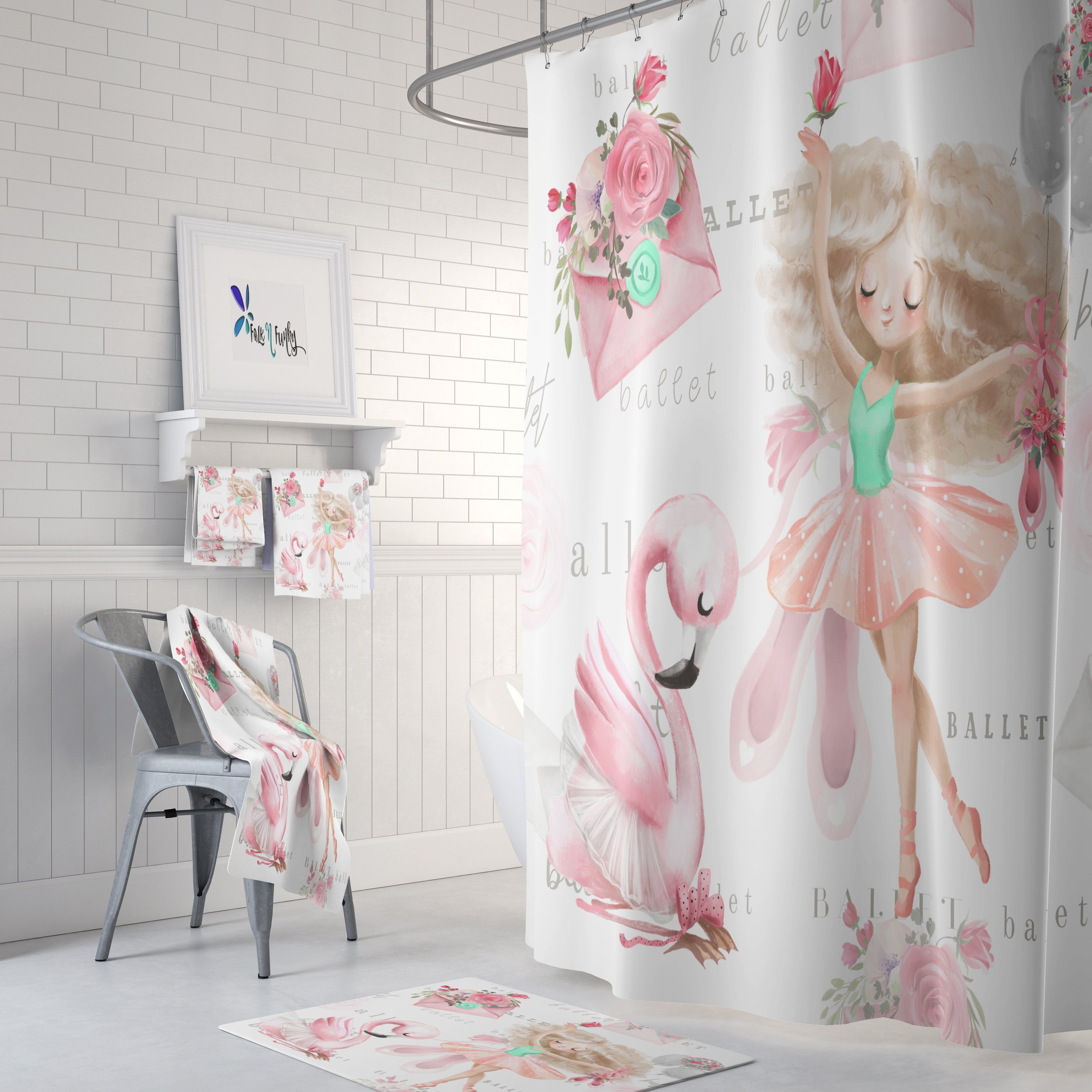 Ballet Theme Shower Curtain with Pink Ballerina Bath Accessories