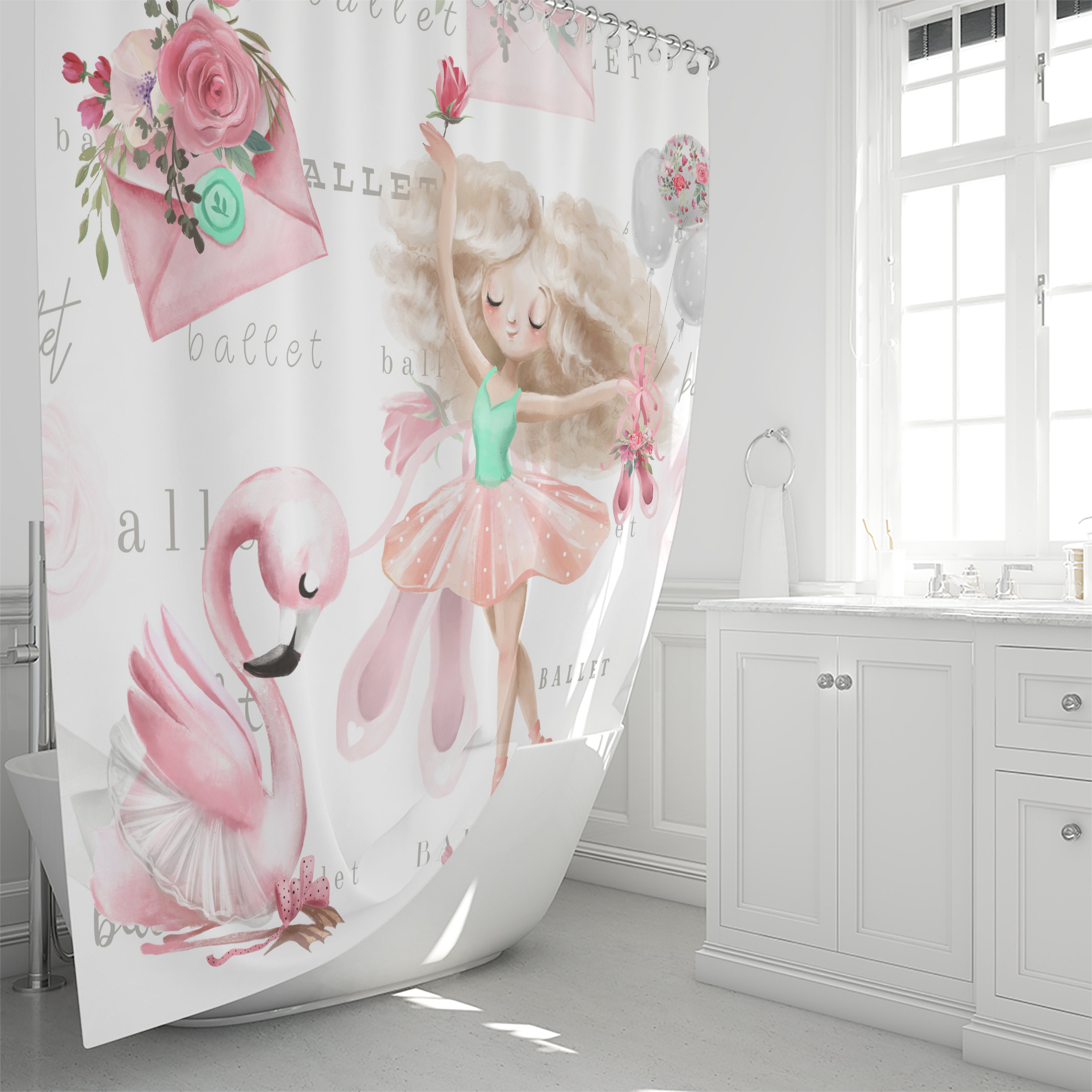 Ballet Theme Shower Curtain with Pink Ballerina Bath Accessories - Image 2