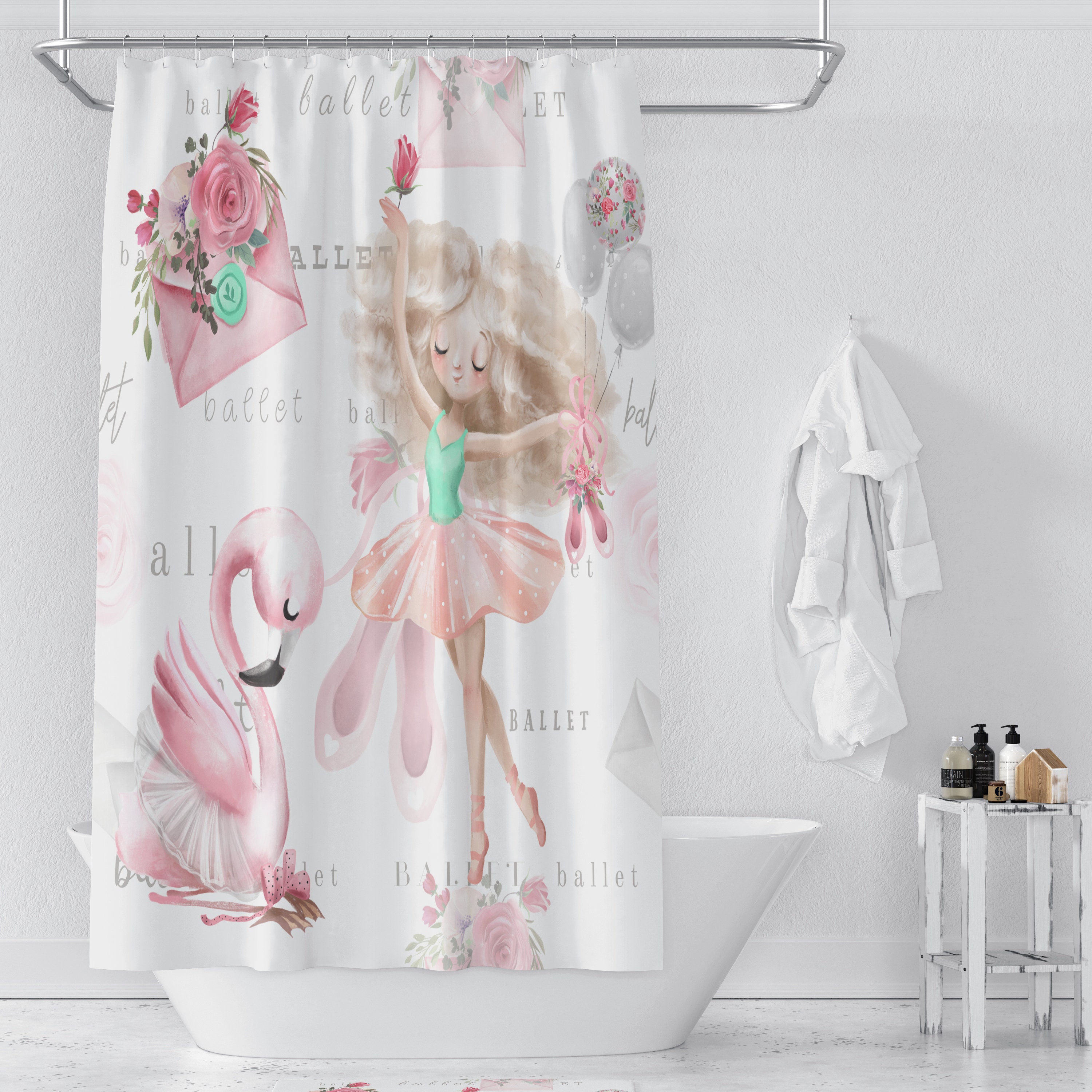 Ballet Theme Shower Curtain with Pink Ballerina Bath Accessories - Image 3