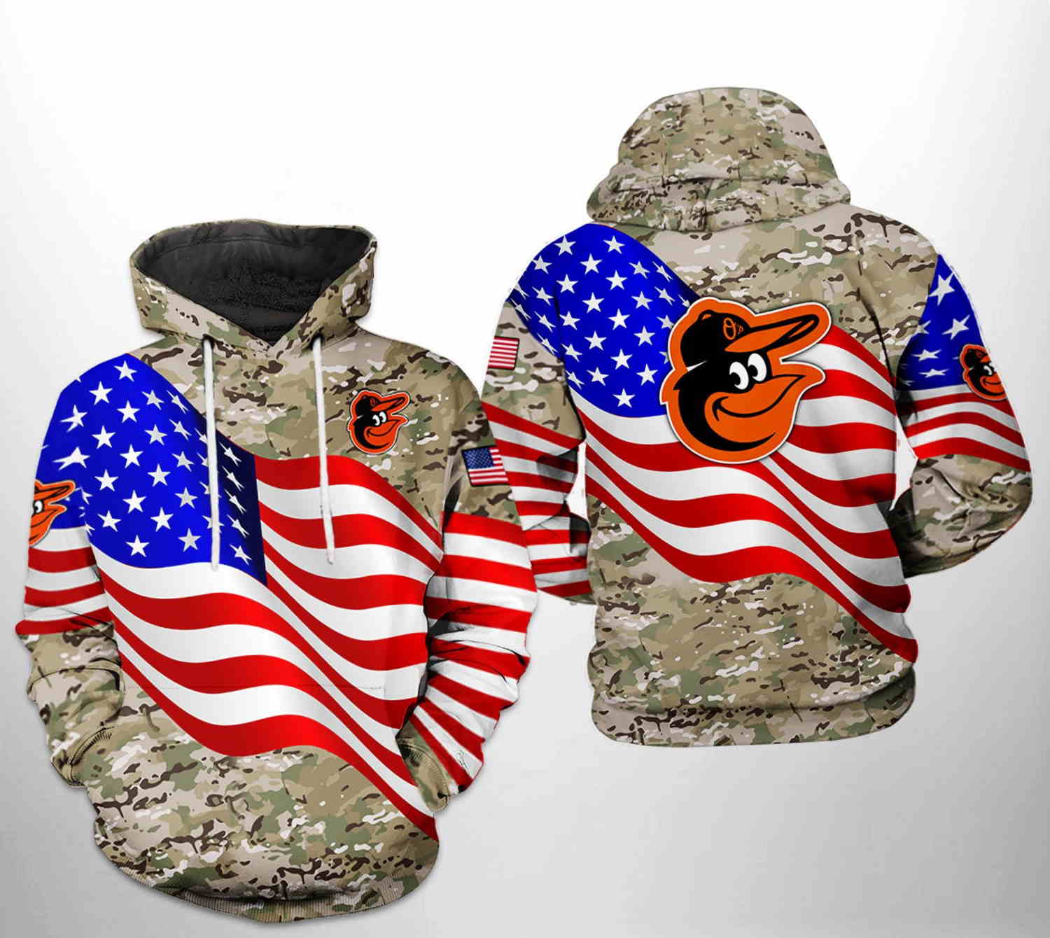 Baltimore Orioles All Over Print US Flag Camo Veteran 3D Hoodie