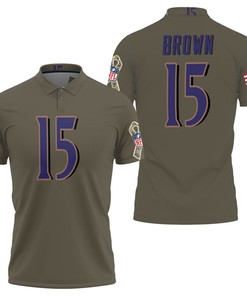 Baltimore Ravens Marquise Brown #15 NFL Deion Sanders Salute to Service Retired Player Olive Polo Shirt.