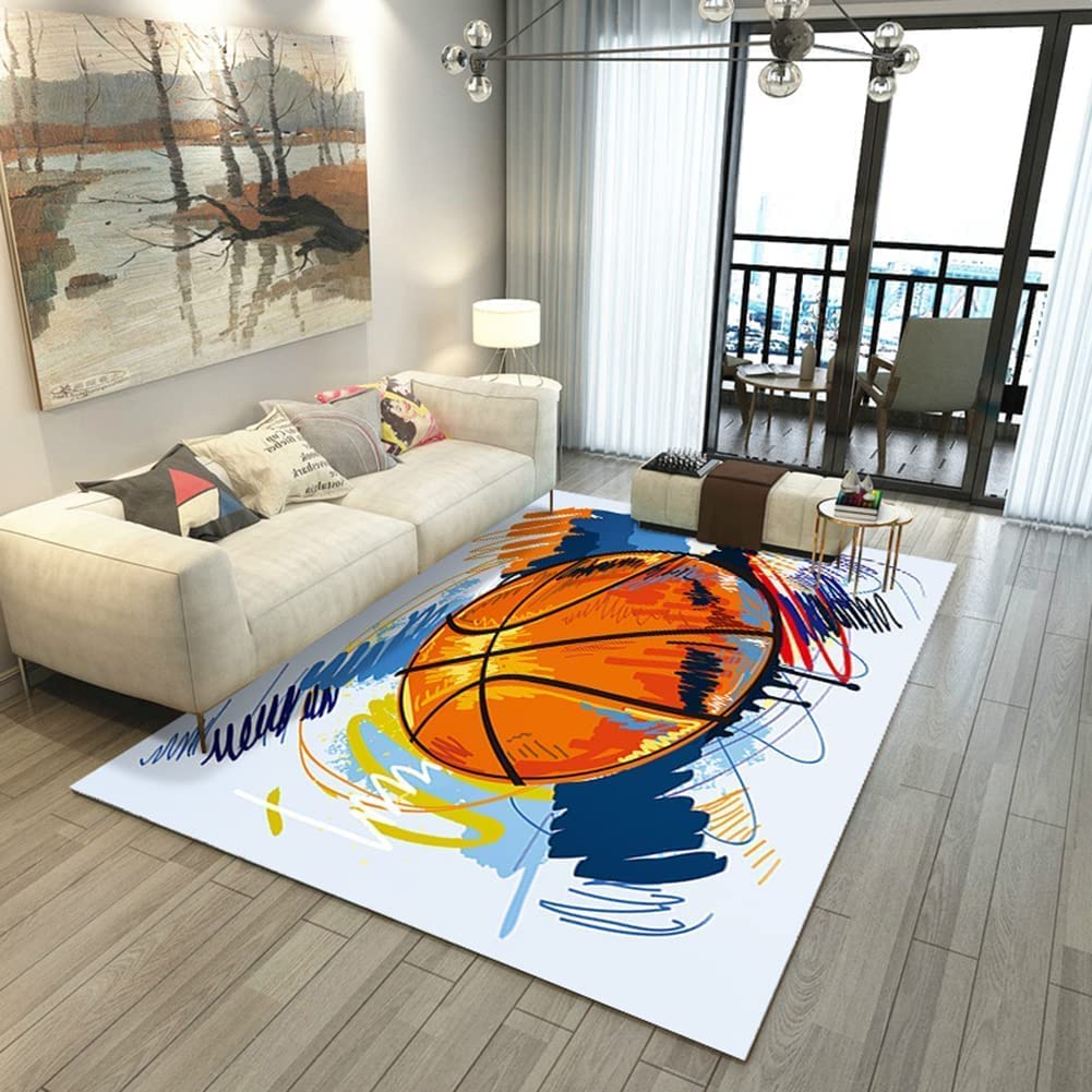 Basketball Painted Pattern Area Rug for Boys' Bedroom and Bathroom Decor - Non-Slip Floor Mat