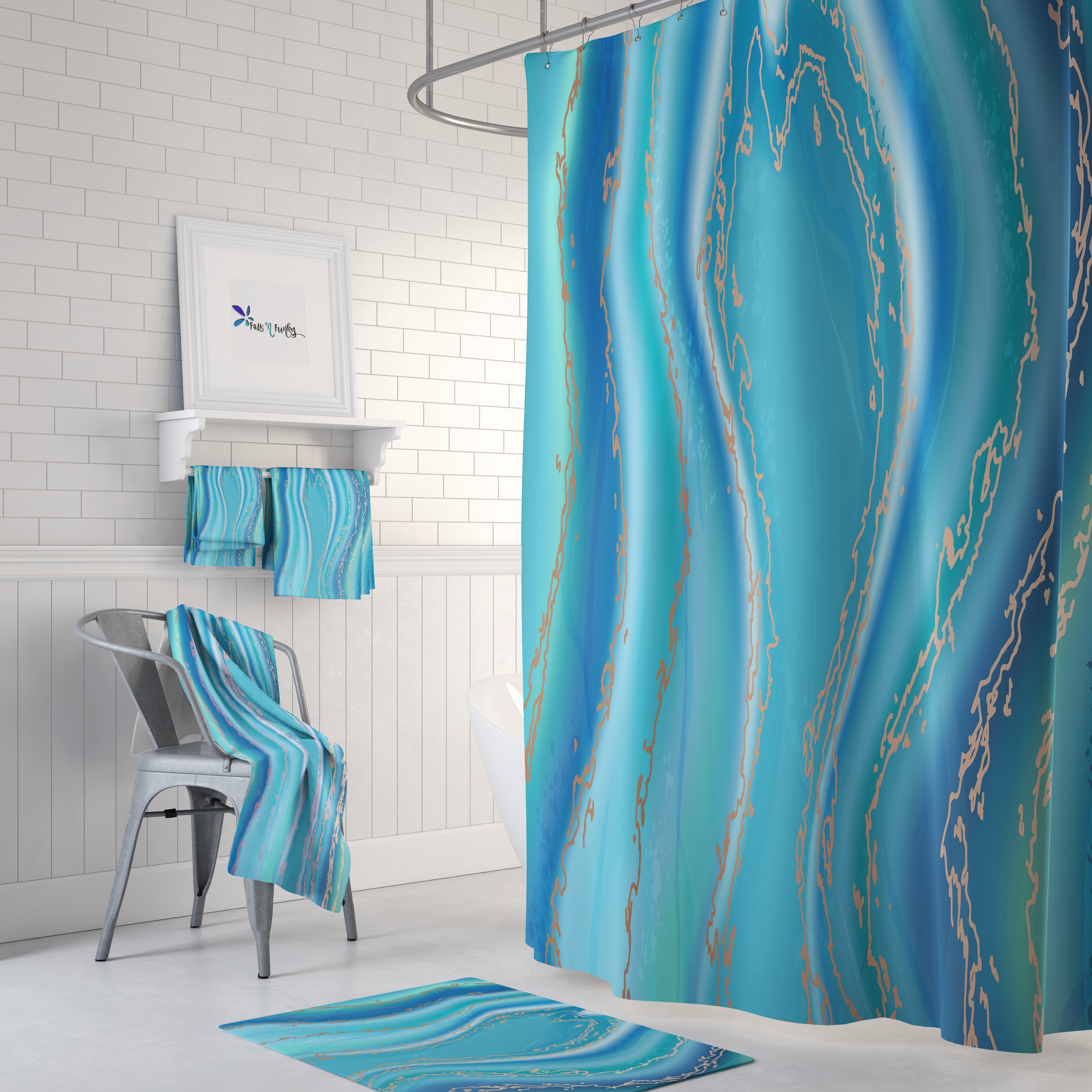Beach Agate Teal Shower Curtain Set with Beachy Bath Accessories