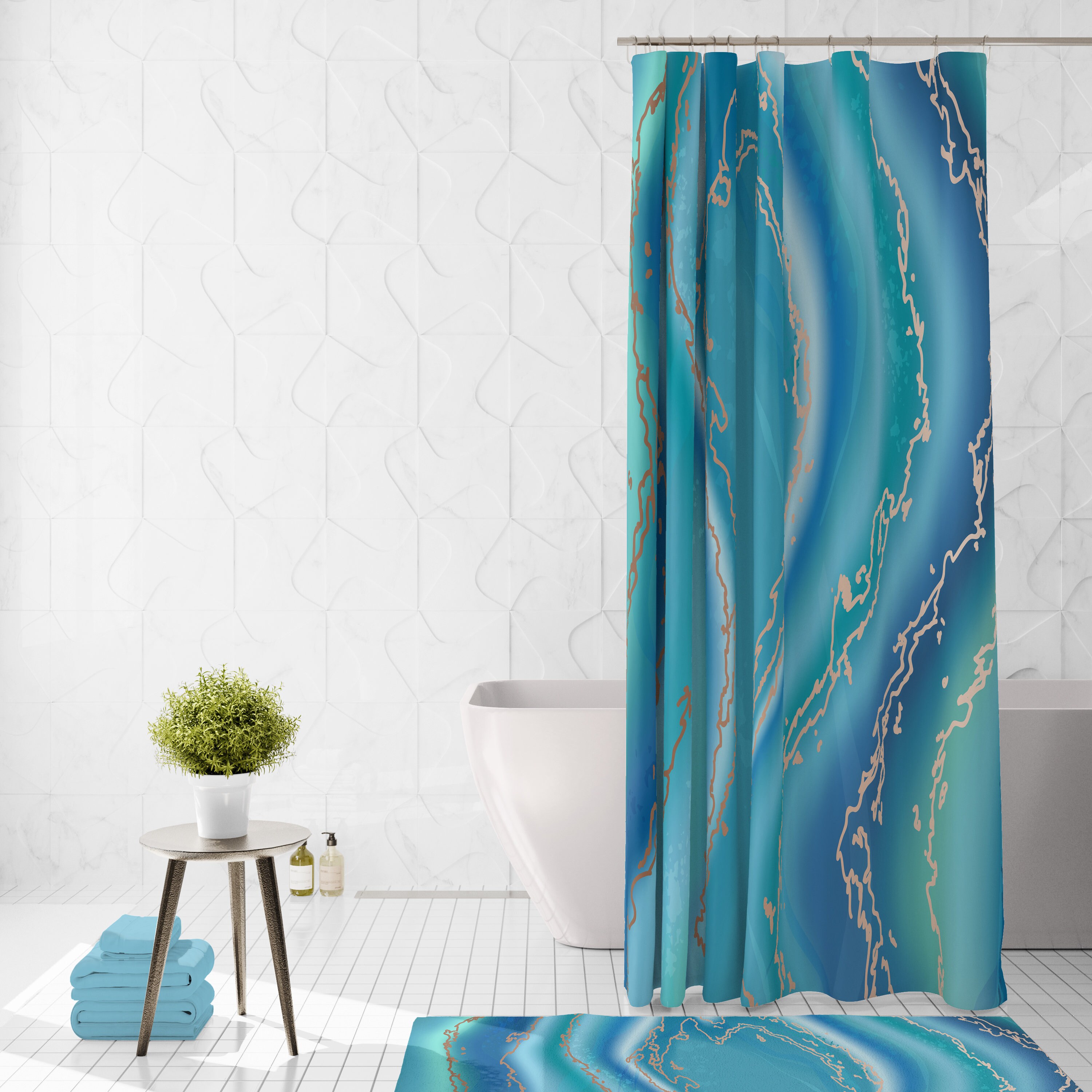 Beach Agate Teal Shower Curtain Set with Beachy Bath Accessories - Image 2