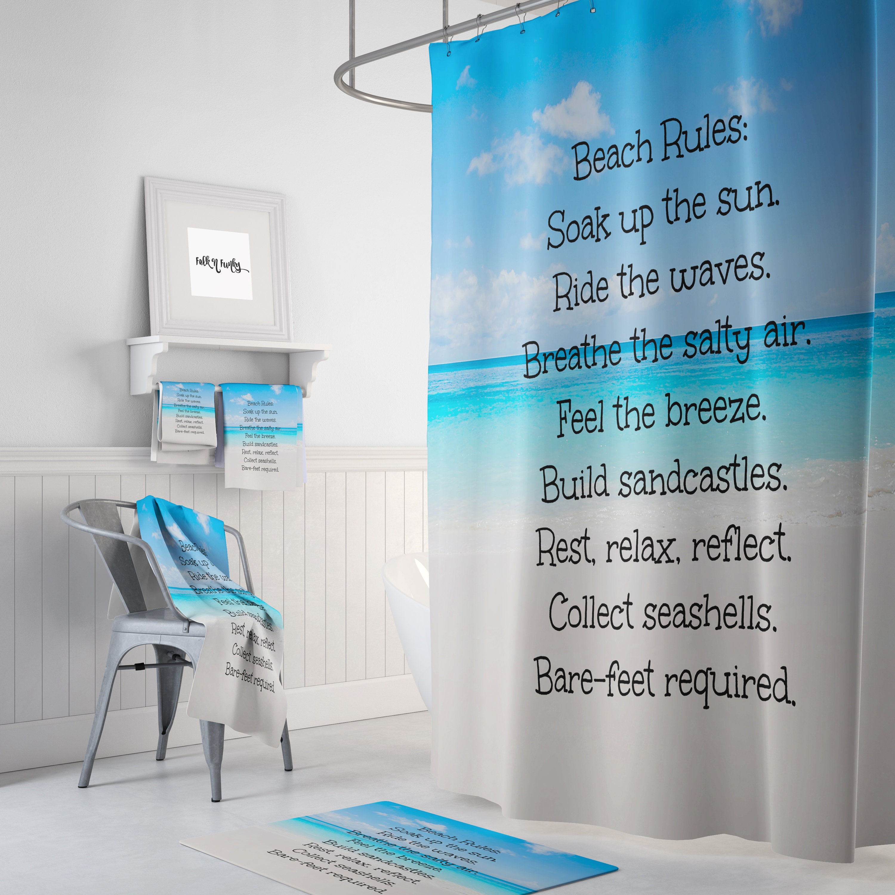 Beach Rules Ocean Shower Curtain with Coastal Bath Accessories - Image 2