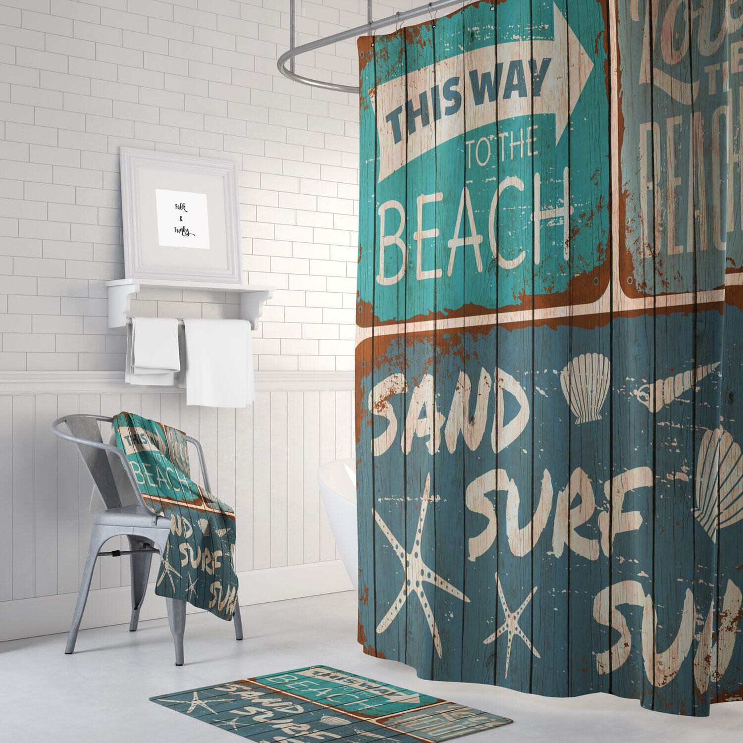 Beach Rustic Sign Faux Wood Shower Curtain Set with Optional Bath Mat and Towels