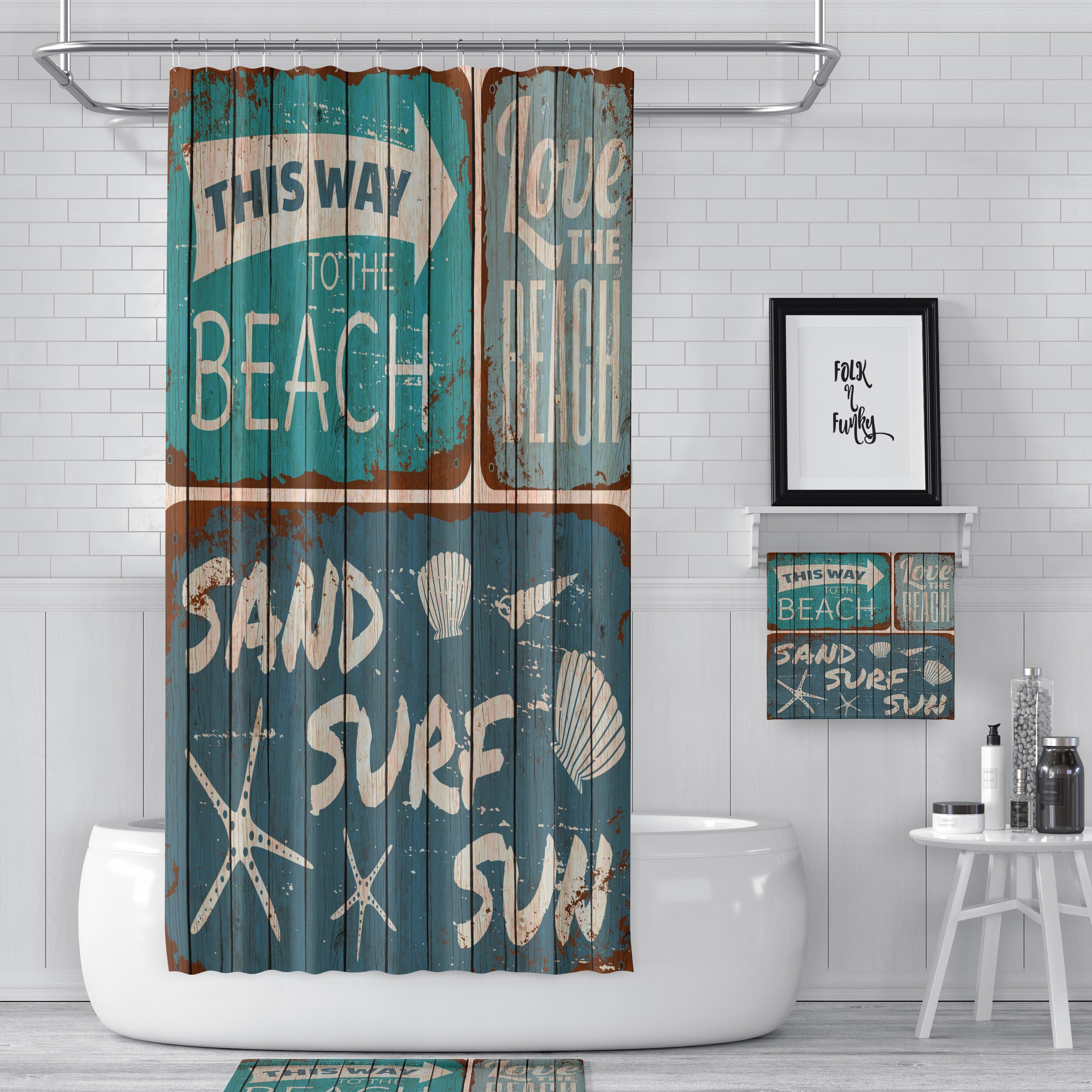 Beach Rustic Sign Faux Wood Shower Curtain Set with Optional Bath Mat and Towels - Image 2