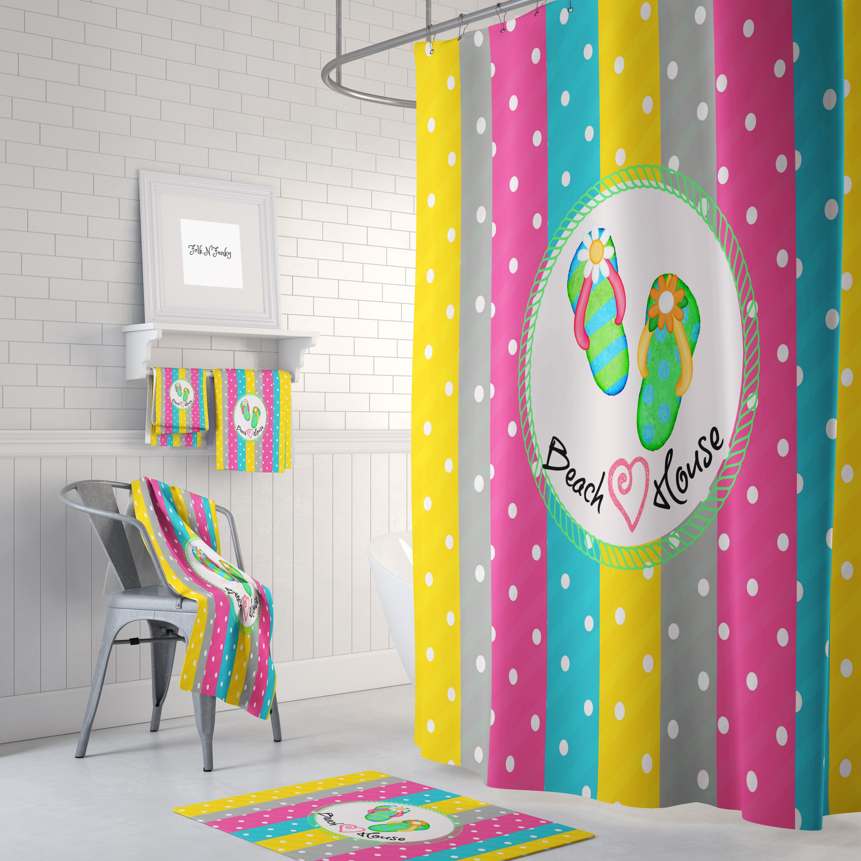 Beach Theme Shower Curtain with Colorful Polka Dot Bath Accessories