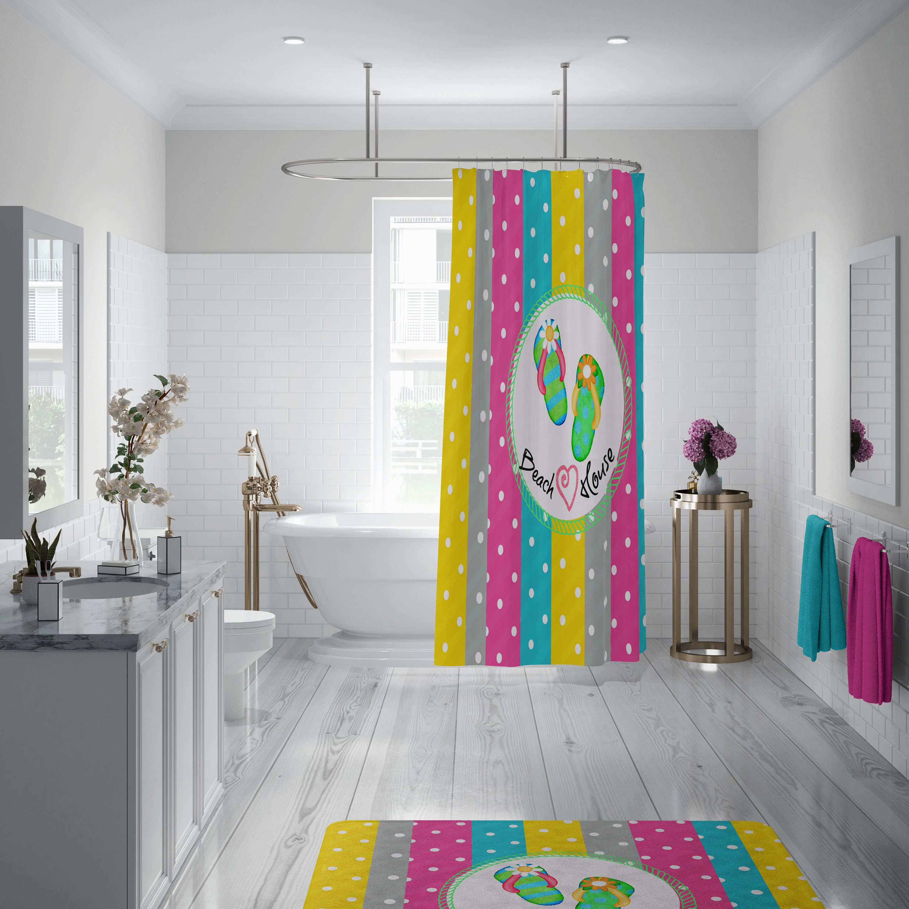 Beach Theme Shower Curtain with Colorful Polka Dot Bath Accessories - Image 2