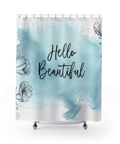 Beautiful Blue Watercolor Shower Curtain with Line Art and Farmhouse Charm