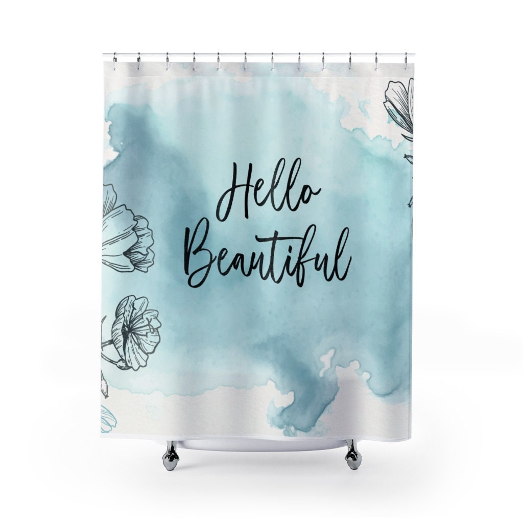 Beautiful Blue Watercolor Shower Curtain with Line Art and Farmhouse Charm