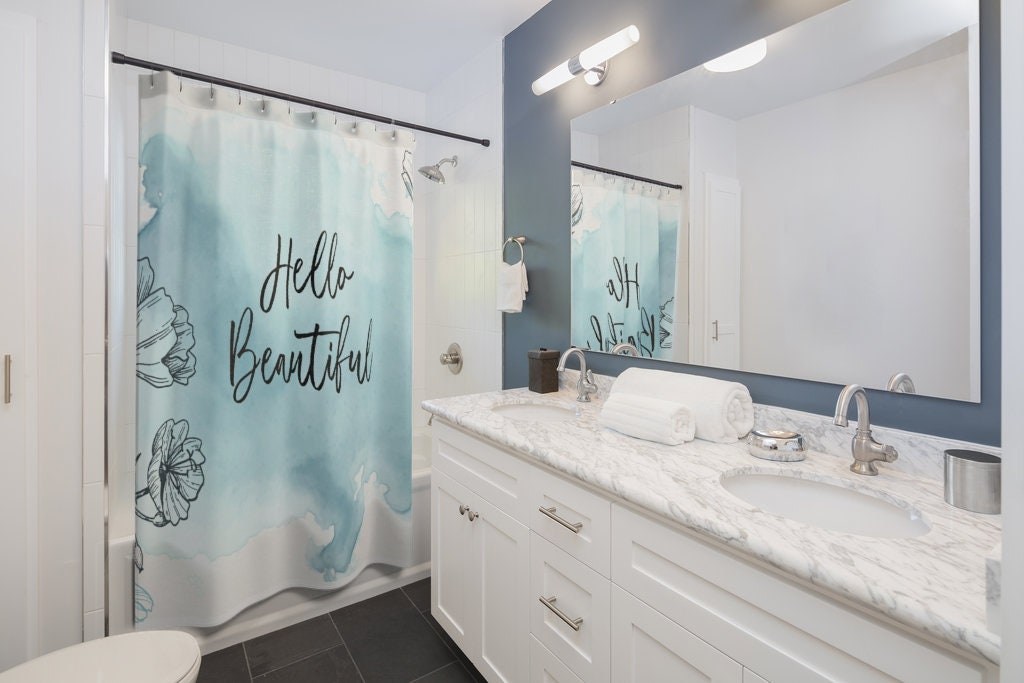 Beautiful Blue Watercolor Shower Curtain with Line Art and Farmhouse Charm - Image 2