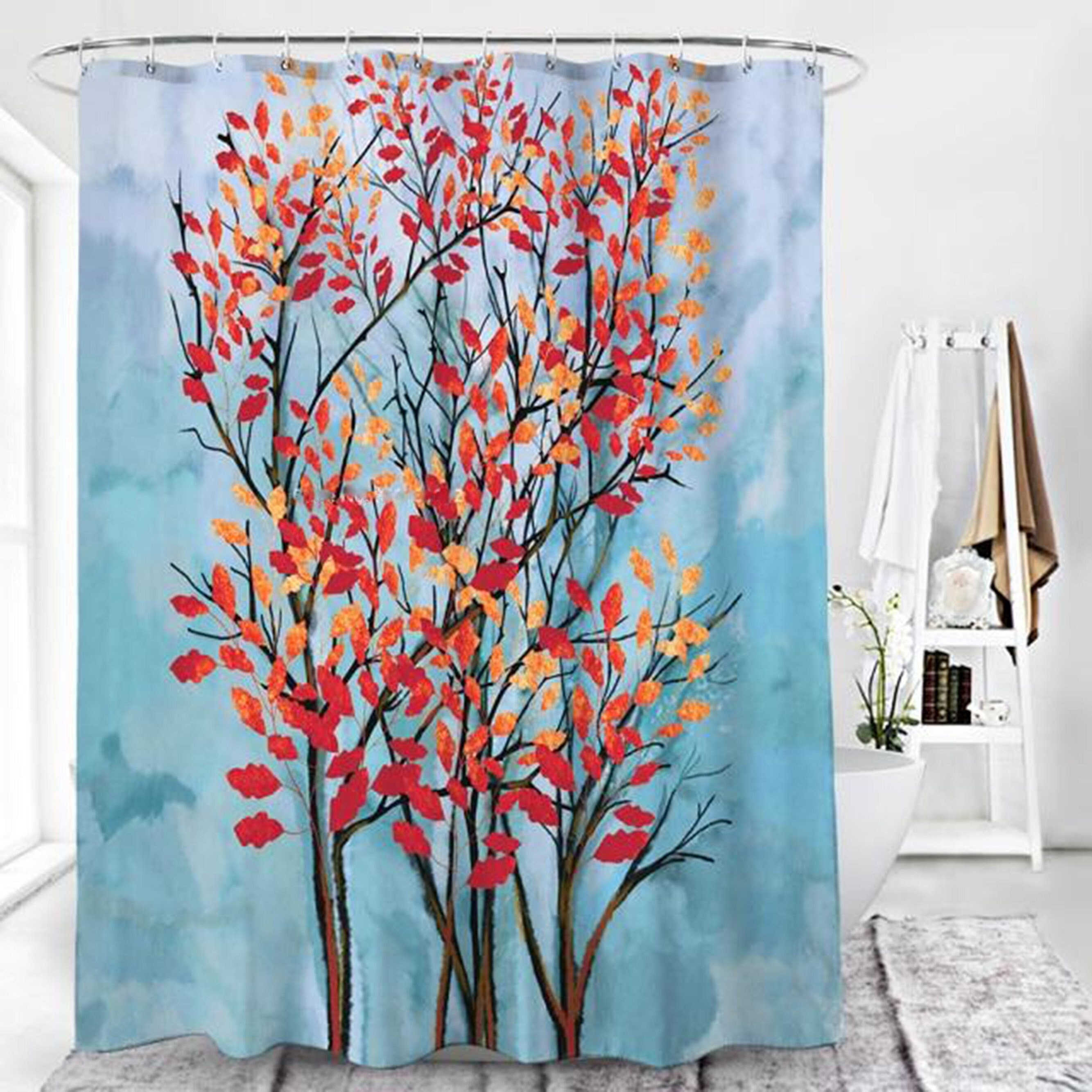 Beautiful Watercolor Autumn Leaves Shower Curtain, Fall Trees and Forest Fabric Bathroom Curtain, Housewarming Gift Idea