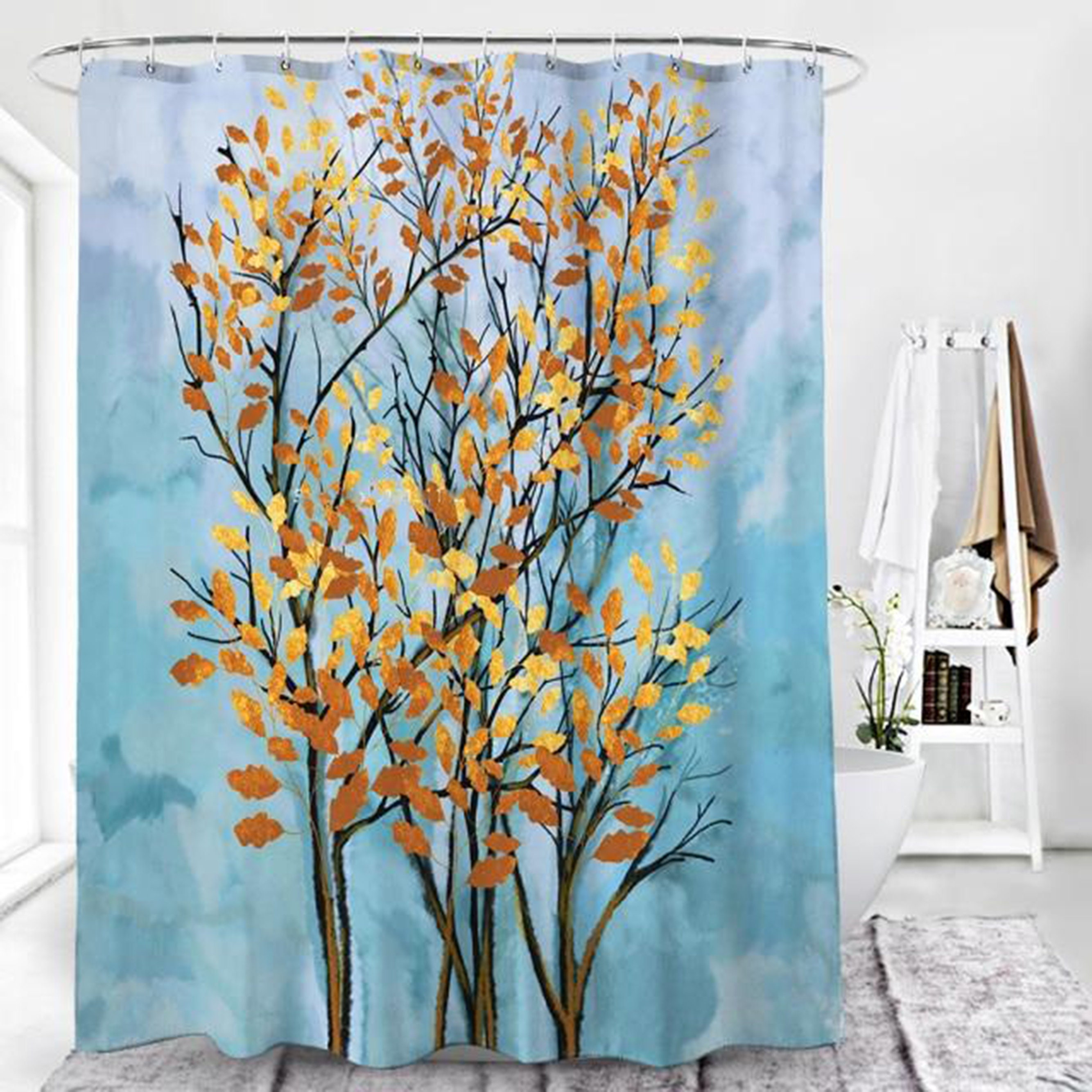 Beautiful Watercolor Autumn Leaves Shower Curtain, Fall Trees and Forest Fabric Bathroom Curtain, Housewarming Gift Idea - Image 2