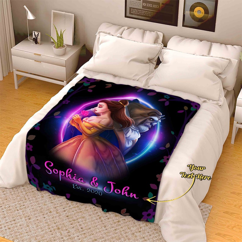 Beauty and the Beast Customized Name Blanket for Anniversaries/Engagements/Newly Weds, Disney Bedding - Image 2