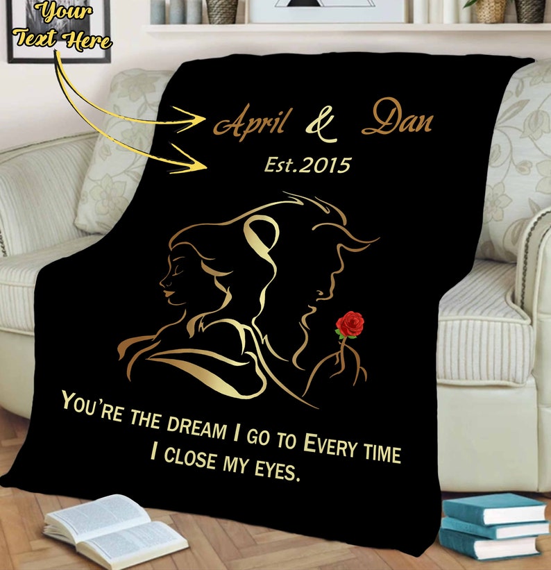 Beauty and the Beast Customized Name & Est Anniversary/Engagement/Newly Wed Couples Blanket - Image 2