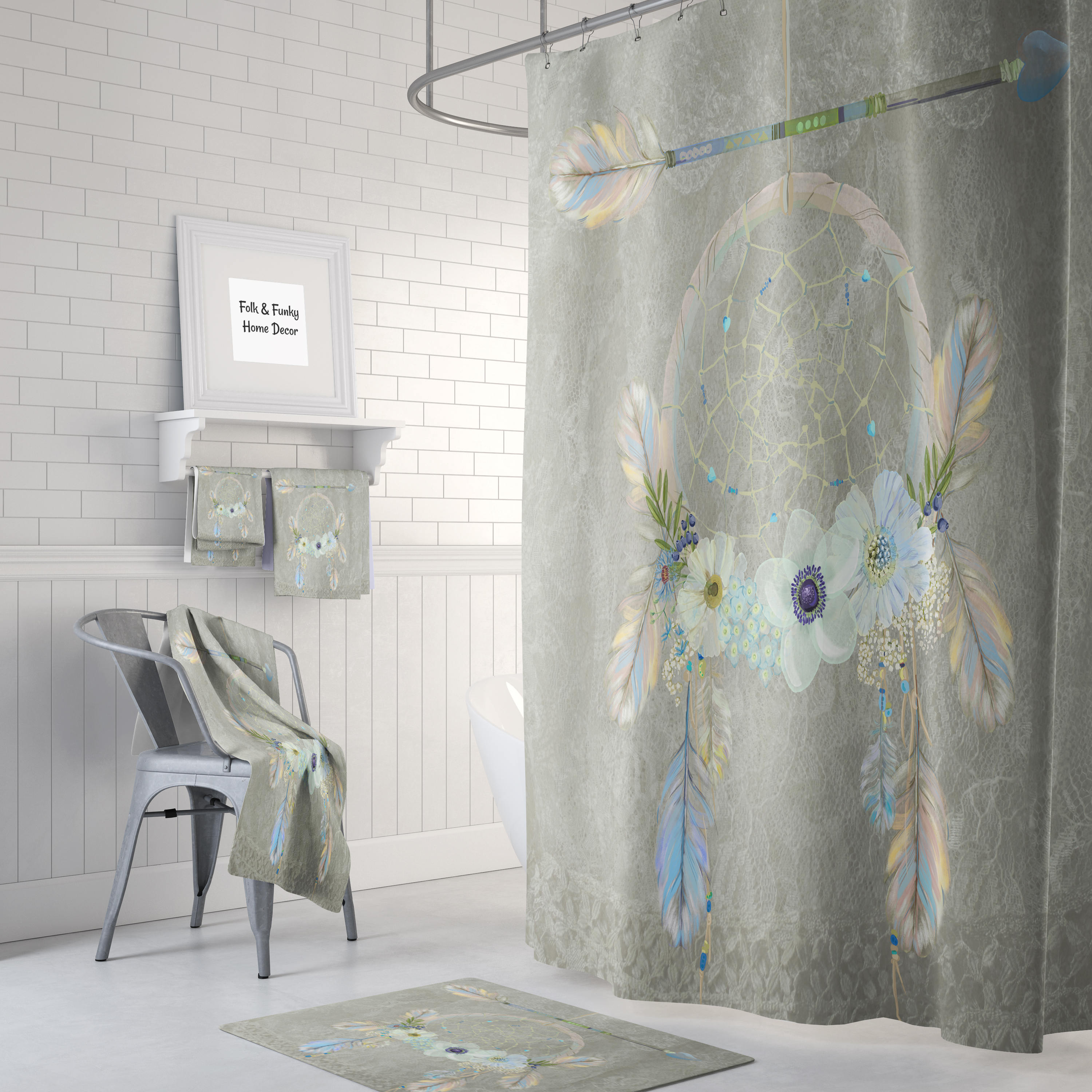 Beige Dreamcatcher Shower Curtain with Boho Style Home Decor and Optional Bath Mat and Towels
