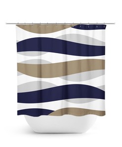 Beige Gray Abstract Ribbon Shower Curtain with Blue Touch and Abstract Waves, Perfect for Neutral Bathroom Decor