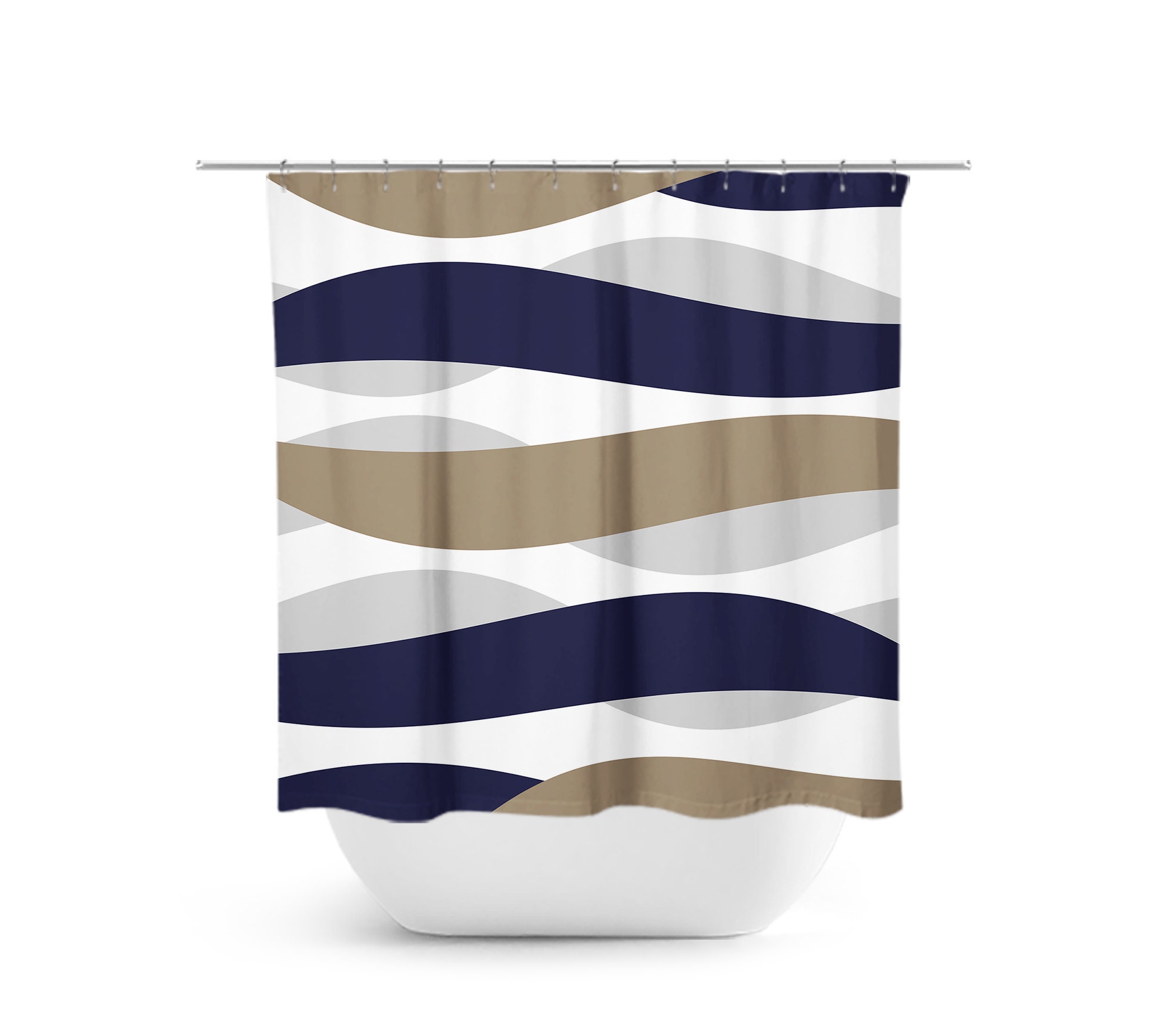 Beige Gray Abstract Ribbon Shower Curtain with Blue Touch and Abstract Waves, Perfect for Neutral Bathroom Decor