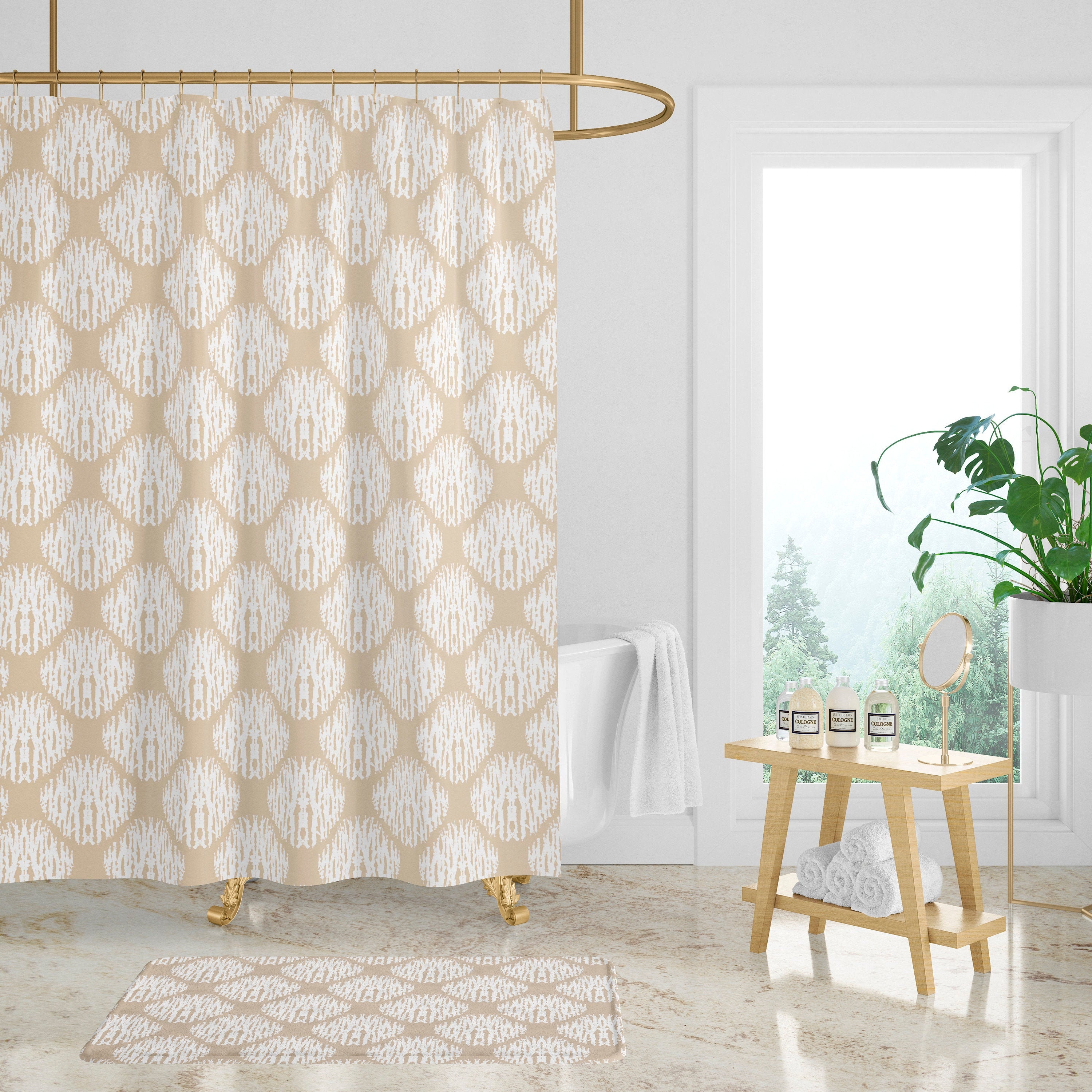 Beige Ikat Print Shower Curtain, Add a Touch of Elegance to Your Bathroom Decor