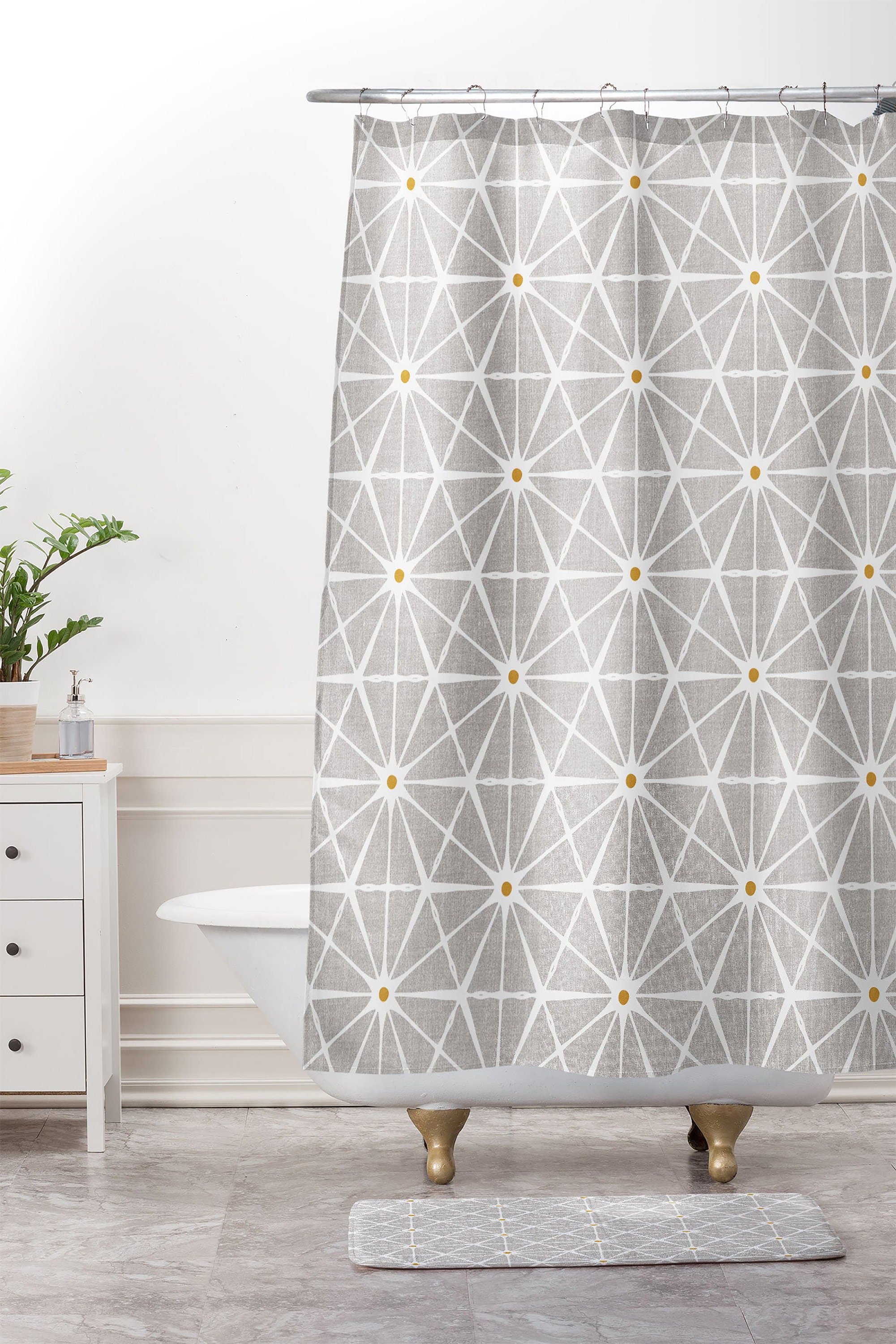 Beige Mid Century Shower Curtain, Geometric Retro Design, Fabric Bathroom Decor - Image 3