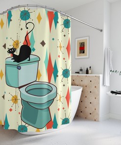 Beige, Orange, and Mint Green Starburst Mod Cat Mid Century Modern Shower Curtain for a Chic Bathroom