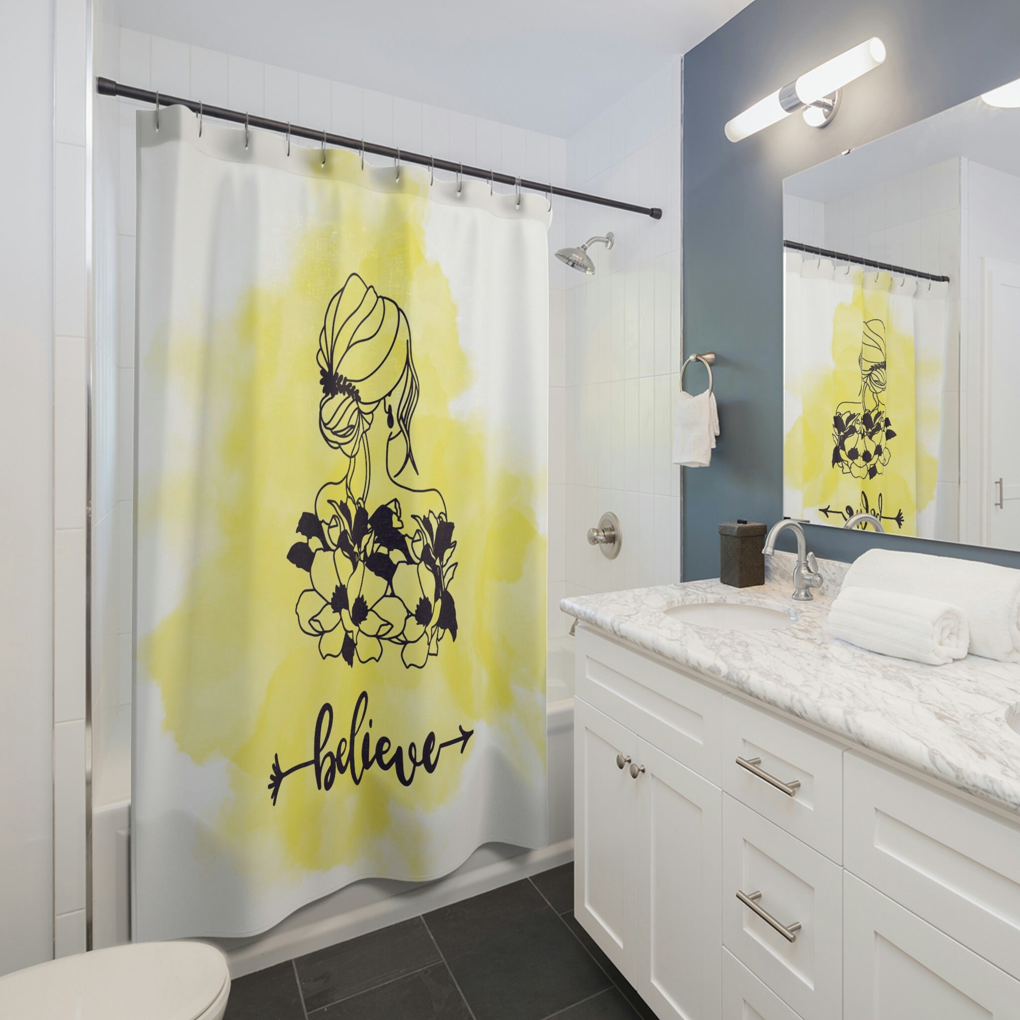 Believe Shower Curtain | Line Art Modern Bathroom Decor | Waterproof Shower Curtain | Bathroom Shower Curtain