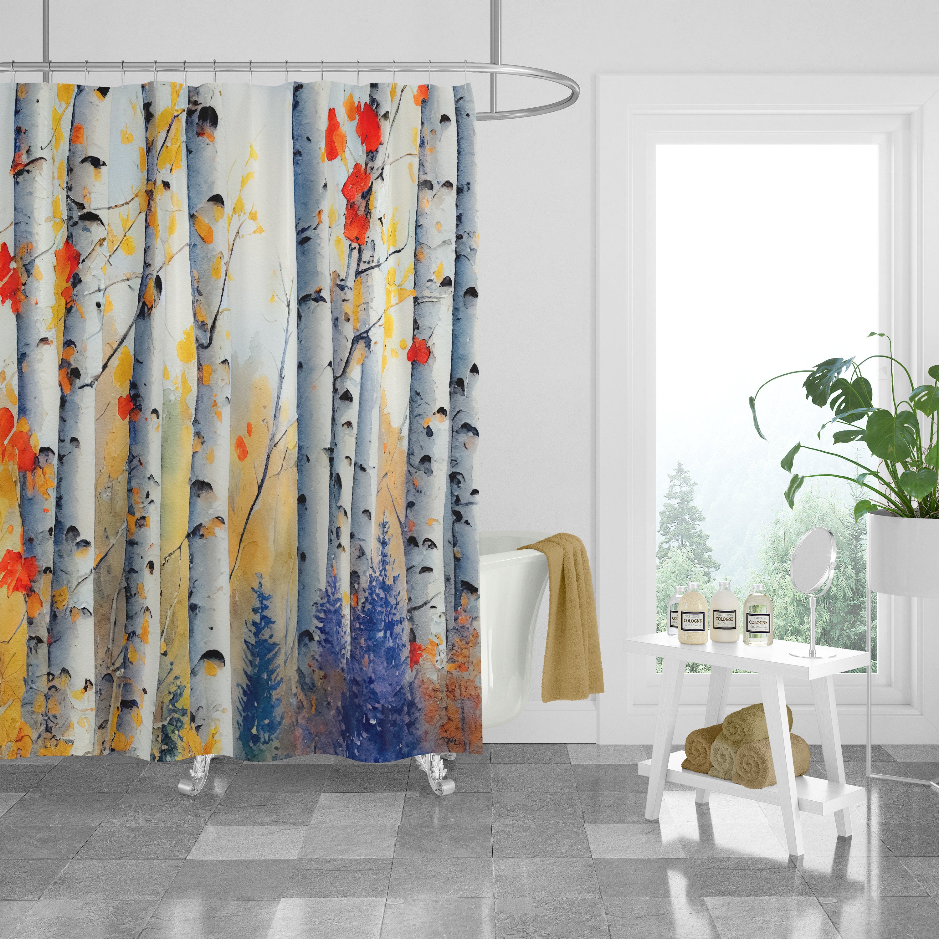 Birch Tree Watercolor Shower Curtain Set with Optional Towels and Mat for a Natural Bathroom Theme