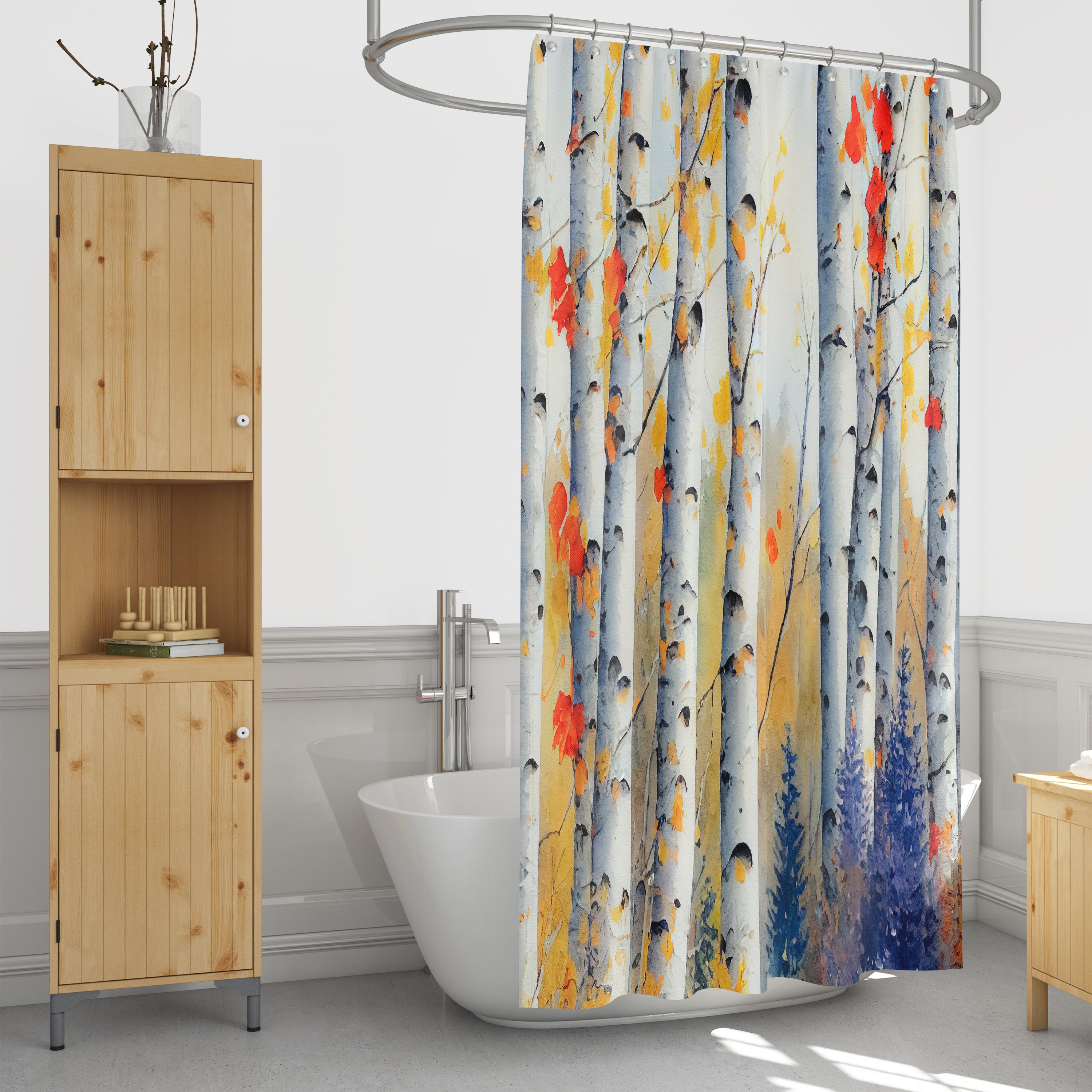 Birch Tree Watercolor Shower Curtain Set with Optional Towels and Mat for a Natural Bathroom Theme - Image 2