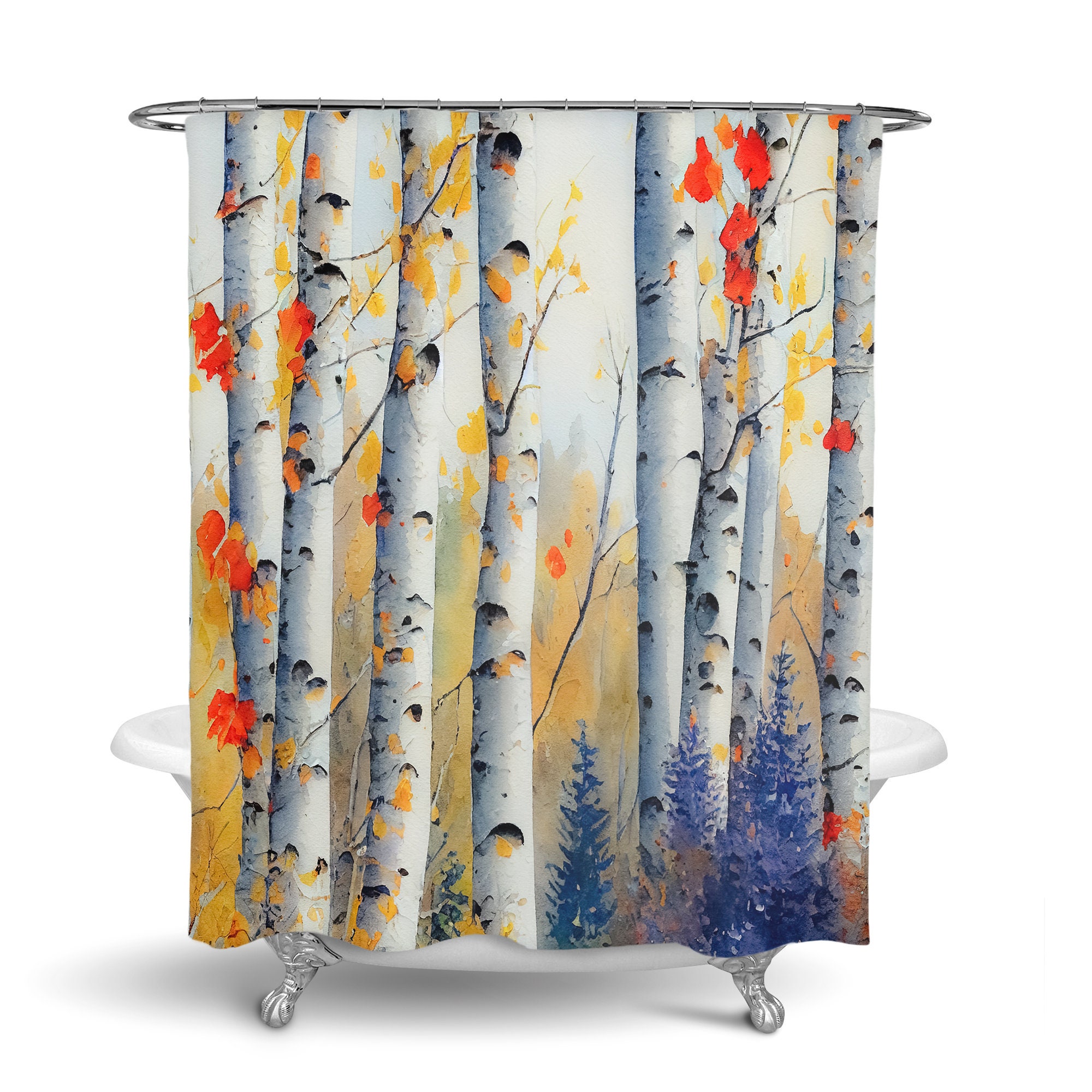 Birch Tree Watercolor Shower Curtain Set with Optional Towels and Mat for a Natural Bathroom Theme - Image 3