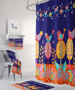 Bird Shower Curtain, Colorful Folk Art Bathroom Decor, Exotic Bath Art