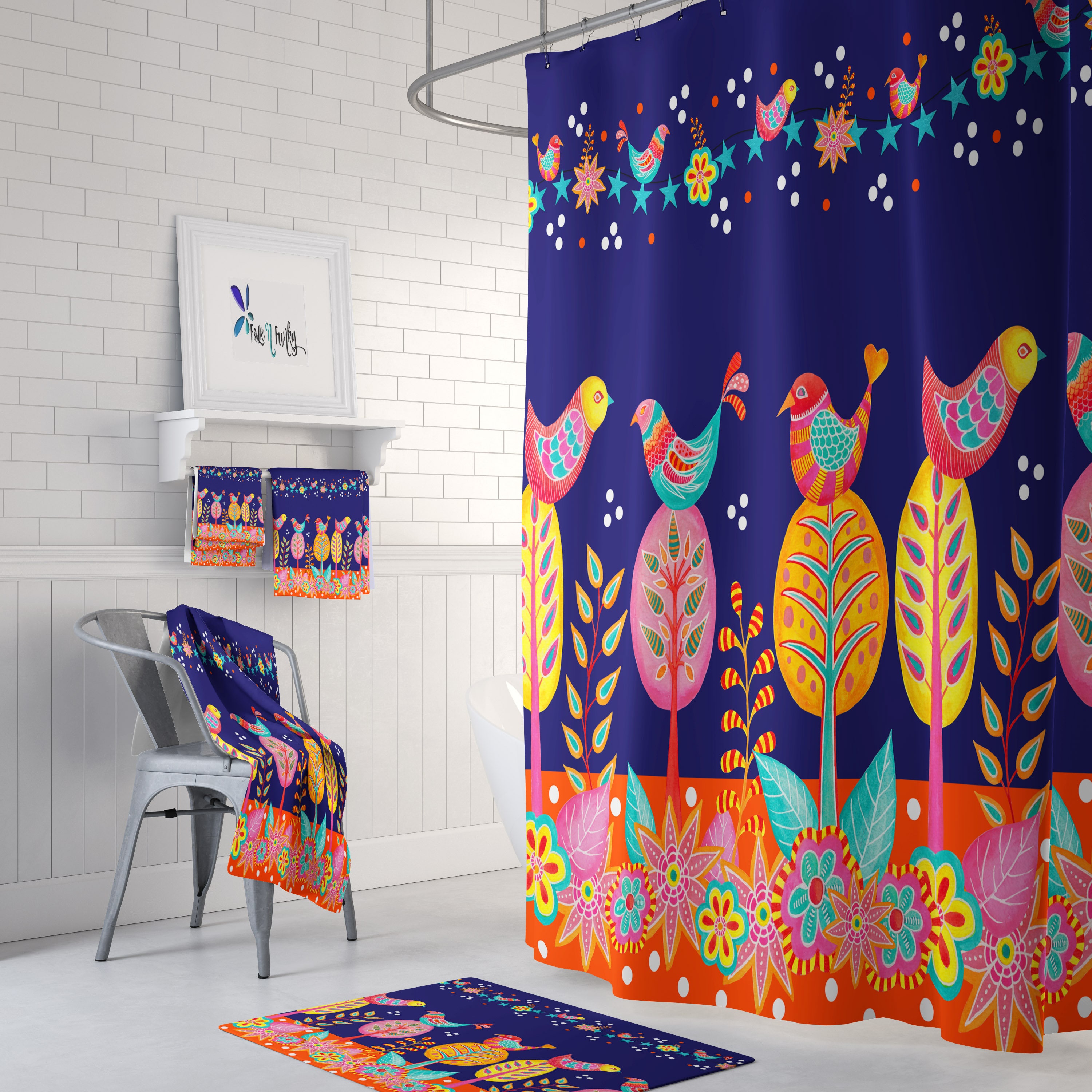 Bird Shower Curtain, Colorful Folk Art Bathroom Decor, Exotic Bath Art
