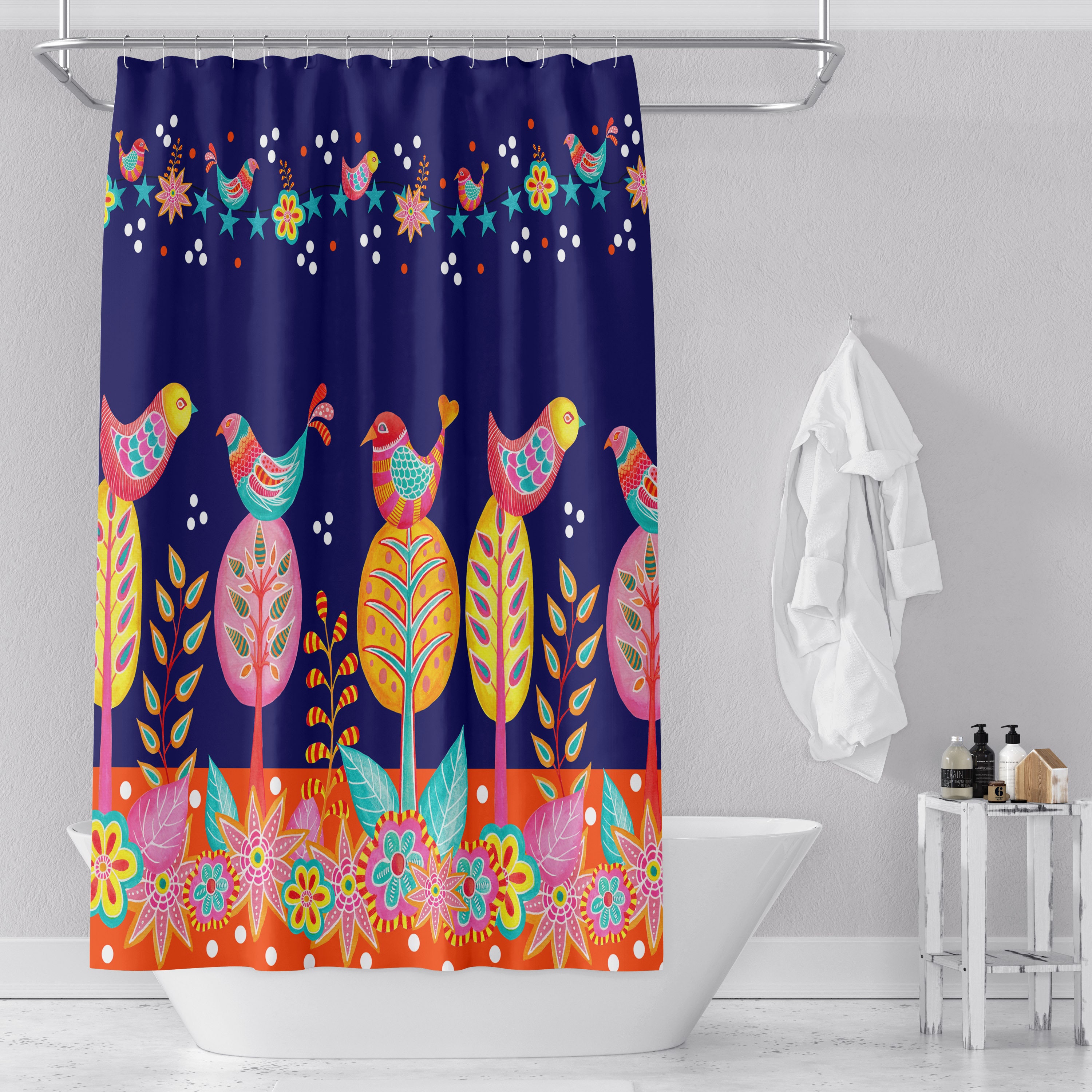 Bird Shower Curtain, Colorful Folk Art Bathroom Decor, Exotic Bath Art - Image 2