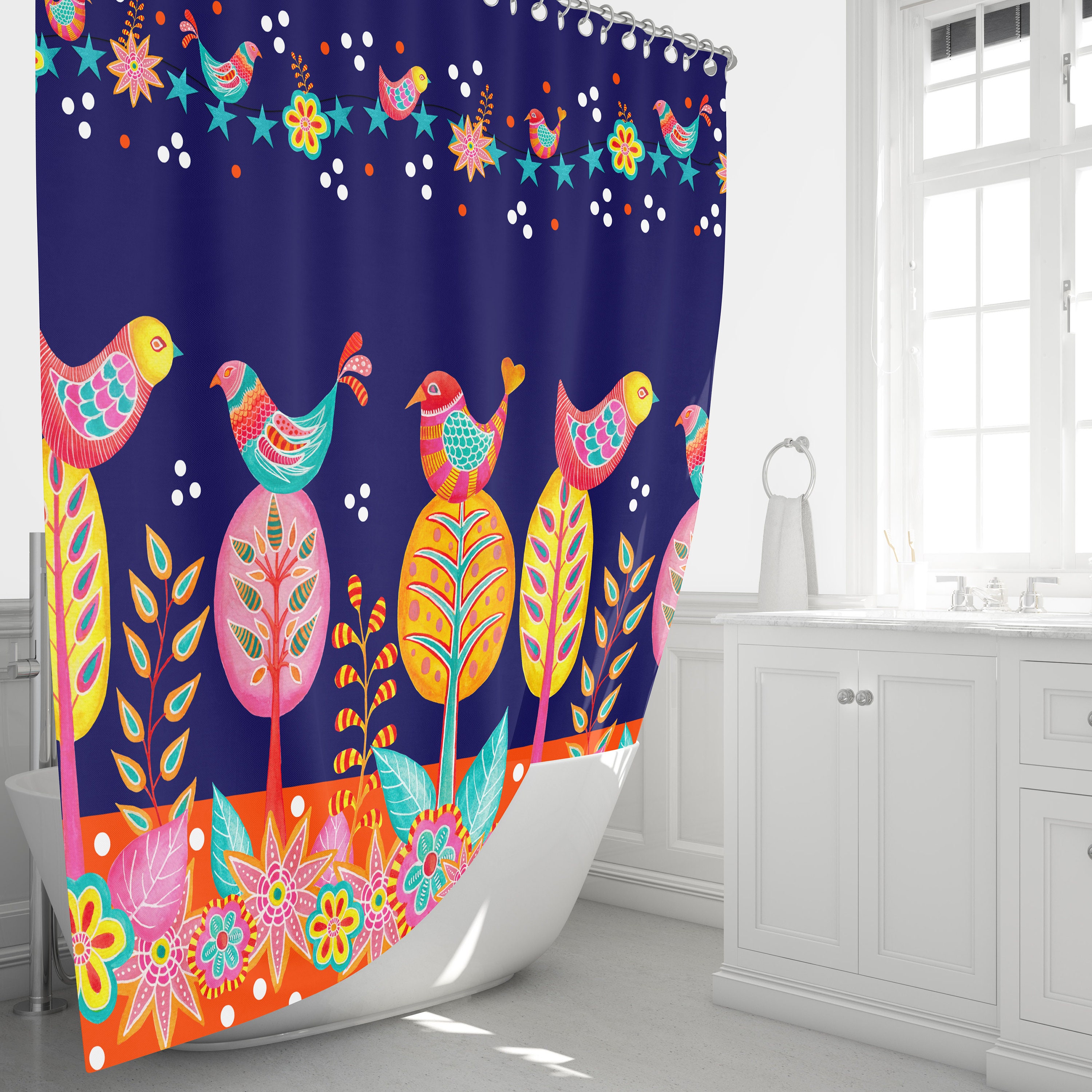 Bird Shower Curtain, Colorful Folk Art Bathroom Decor, Exotic Bath Art - Image 3