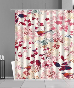 Bird in the Spring Garden Shower Curtain, Red Pink Flowers Cherry Blossom Fabric Bathroom Curtain