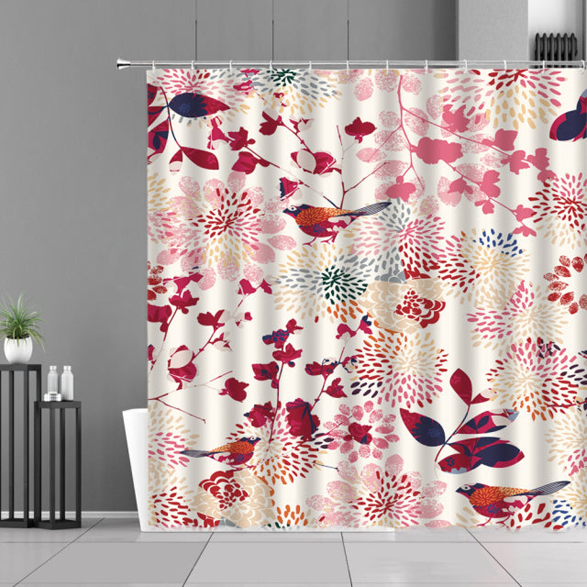 Bird in the Spring Garden Shower Curtain, Red Pink Flowers Cherry Blossom Fabric Bathroom Curtain
