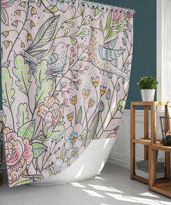 Birds in Floral Garden Shower Curtain | Pink Summer Flowers with Leaves | Fabric Bathroom Curtain Set