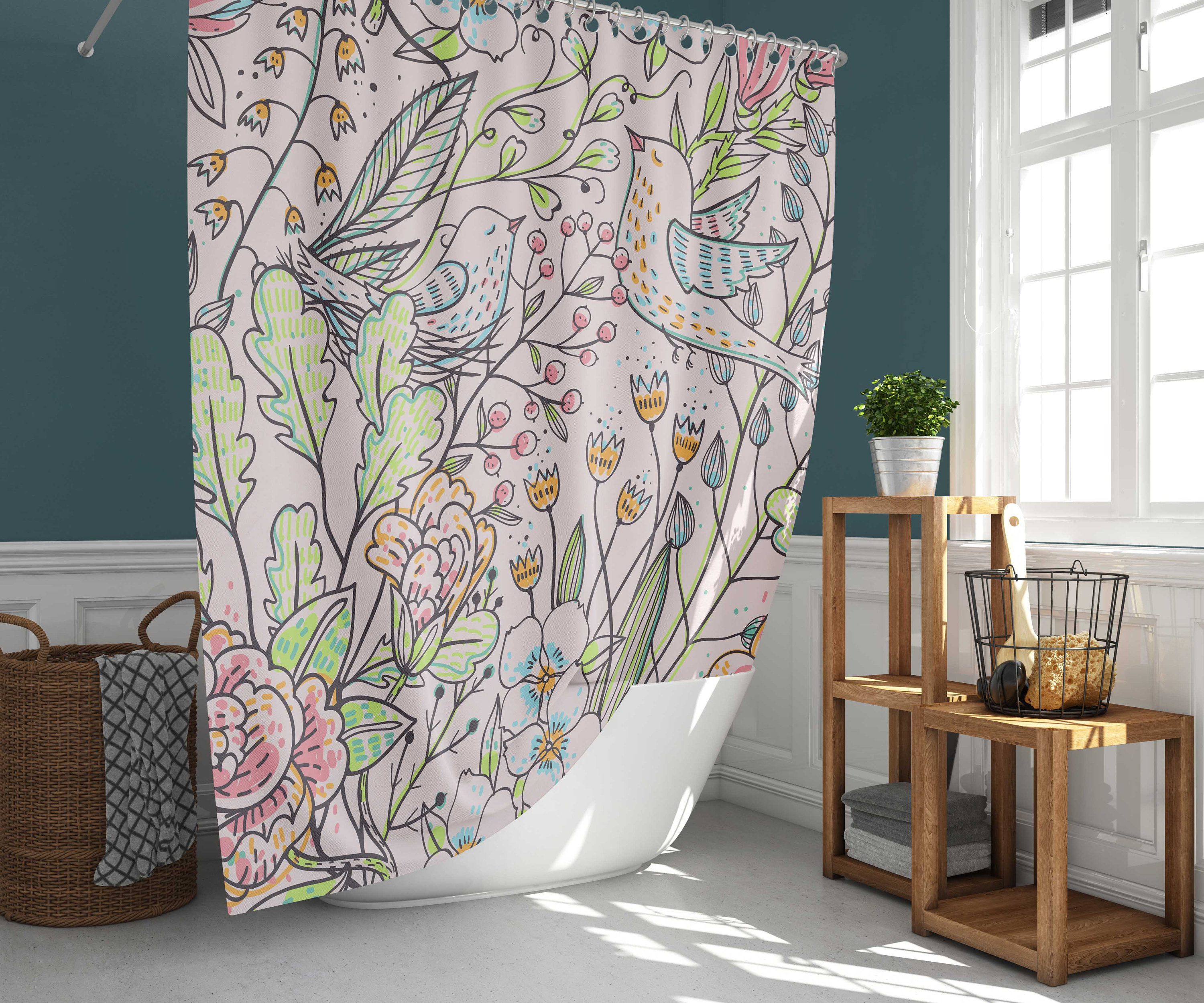 Birds in Floral Garden Shower Curtain | Pink Summer Flowers with Leaves | Fabric Bathroom Curtain Set