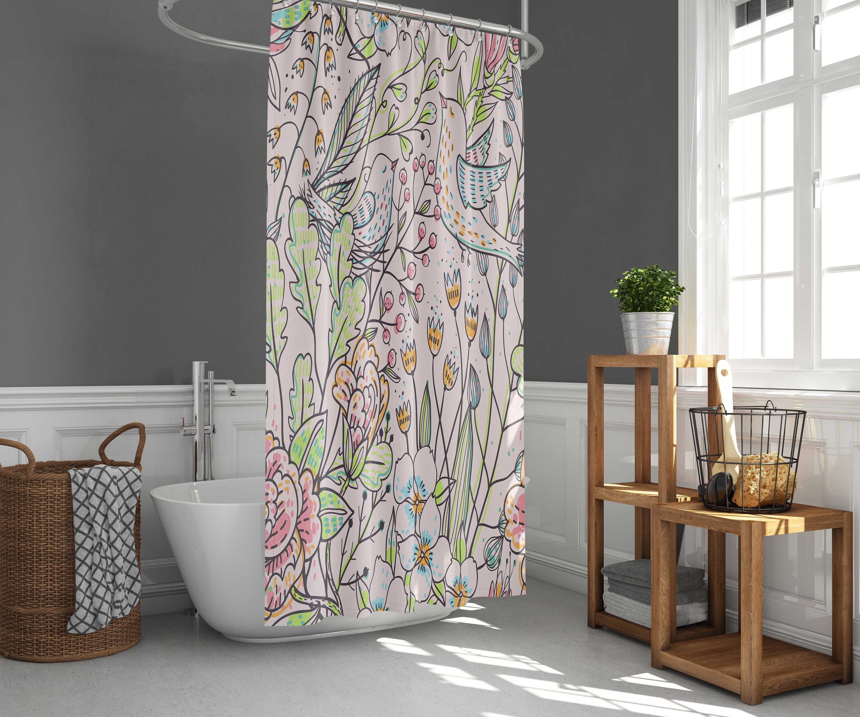 Birds in Floral Garden Shower Curtain | Pink Summer Flowers with Leaves | Fabric Bathroom Curtain Set - Image 2
