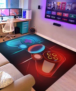 Black 3D Printed Gamer Area Rug for Kids' Playroom: Non-Slip Floor Mats with Controller and Gamepad Design