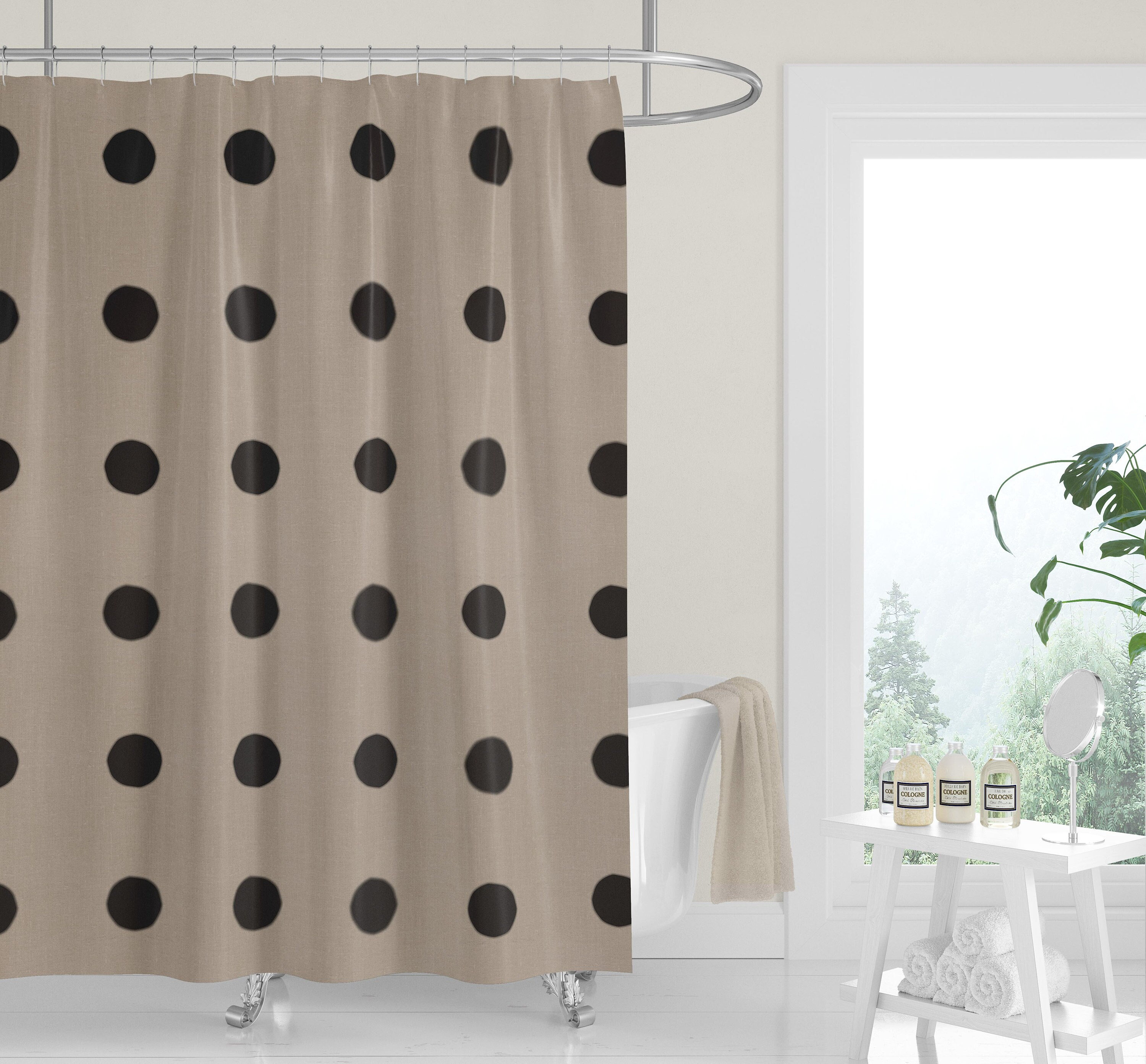 Black Boho Dots Shower Curtain / Neutral Tan Fabric Bath Curtain / Minimalist Design