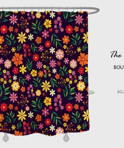 Black Boho Floral Shower Curtain with Watercolor Plants Design