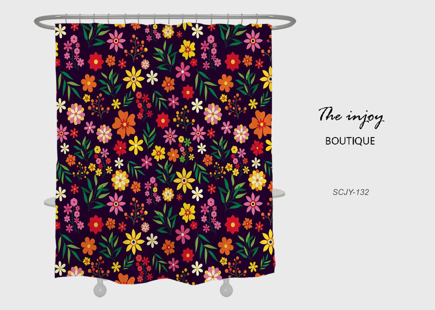 Black Boho Floral Shower Curtain with Watercolor Plants Design