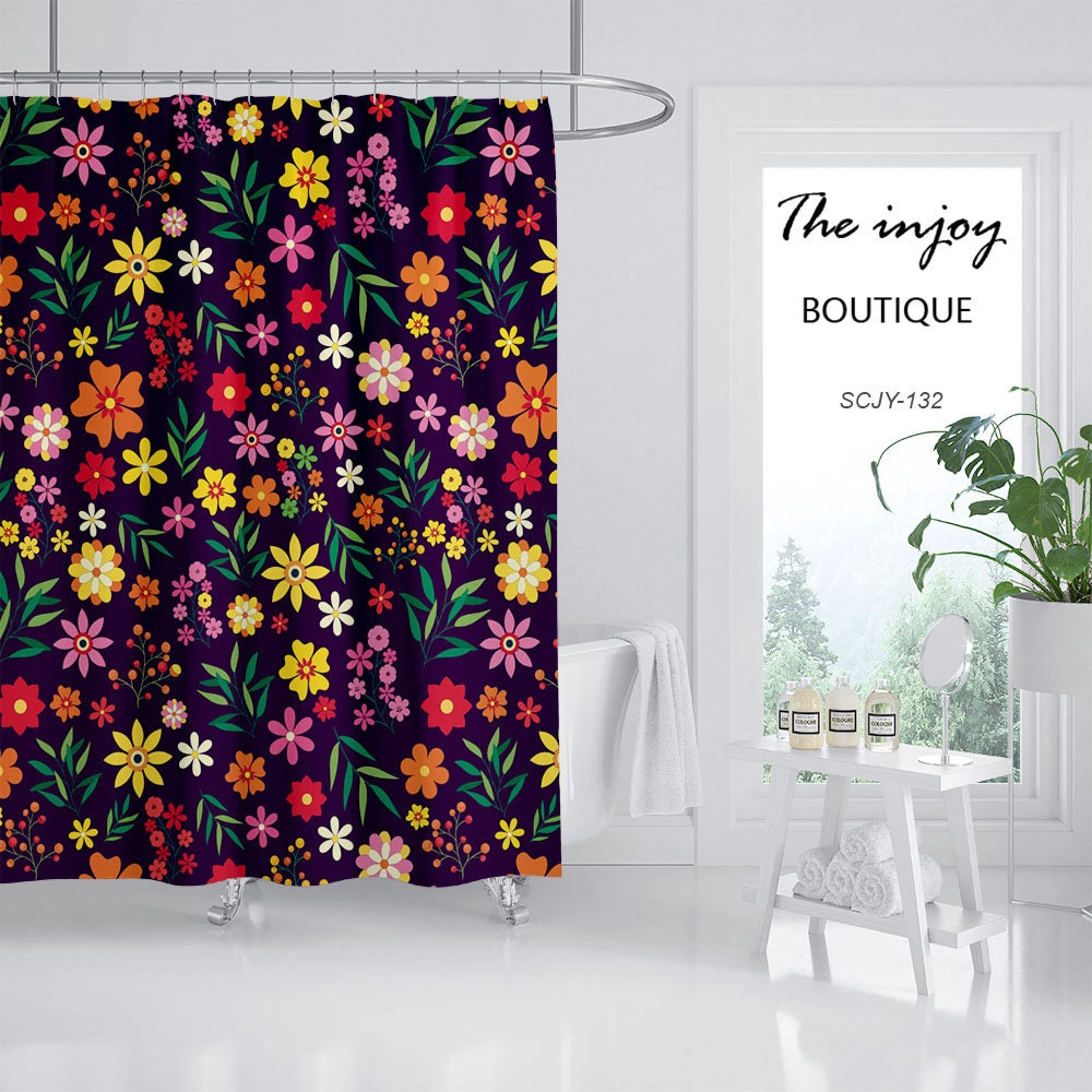 Black Boho Floral Shower Curtain with Watercolor Plants Design - Image 2