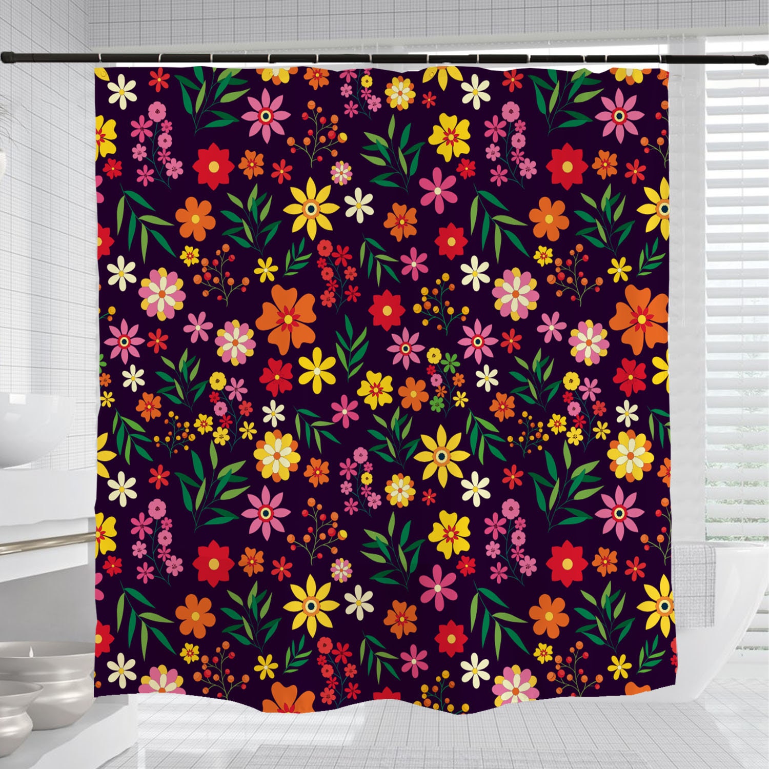 Black Boho Floral Shower Curtain with Watercolor Plants Design - Image 3