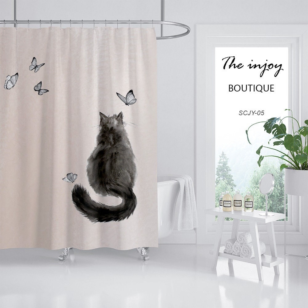 Black Cat Butterfly Shower Curtain, Waterproof Extra Heavy Quality Bathroom Curtain, Fun and Stylish Bath Accessory
