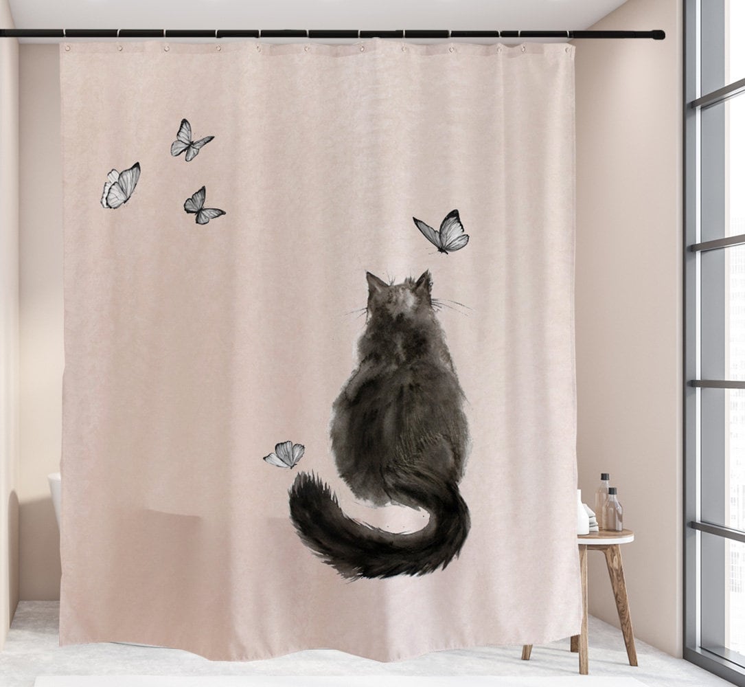 Black Cat Butterfly Shower Curtain, Waterproof Extra Heavy Quality Bathroom Curtain, Fun and Stylish Bath Accessory - Image 2
